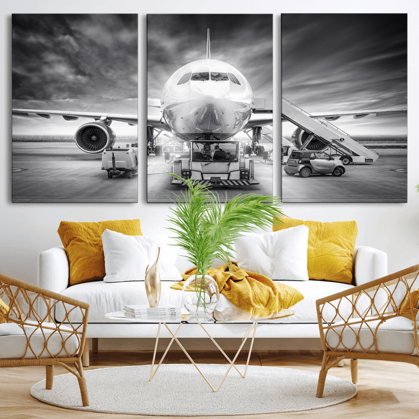85885848-MGV-CV-36X24 - Airplane Wall Art Canvas Print, Black and White Jet Aircraft Airport Runway Framed Aviation Artwork for Pilot Office Hangar Travel Decor