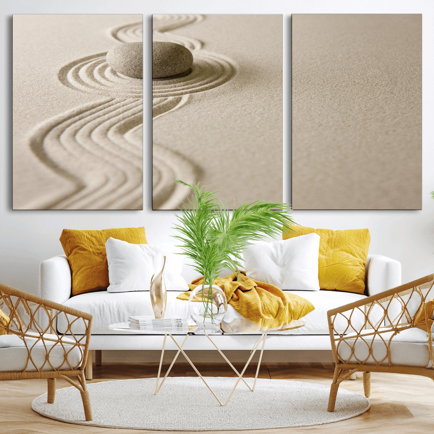 66852661-MGV-CV-36X24 - Zen Garden Stone Sand Canvas | Japanese Rock Garden Wall Art | Minimalist Meditation Print | Neutral Beige Mindfulness Decor