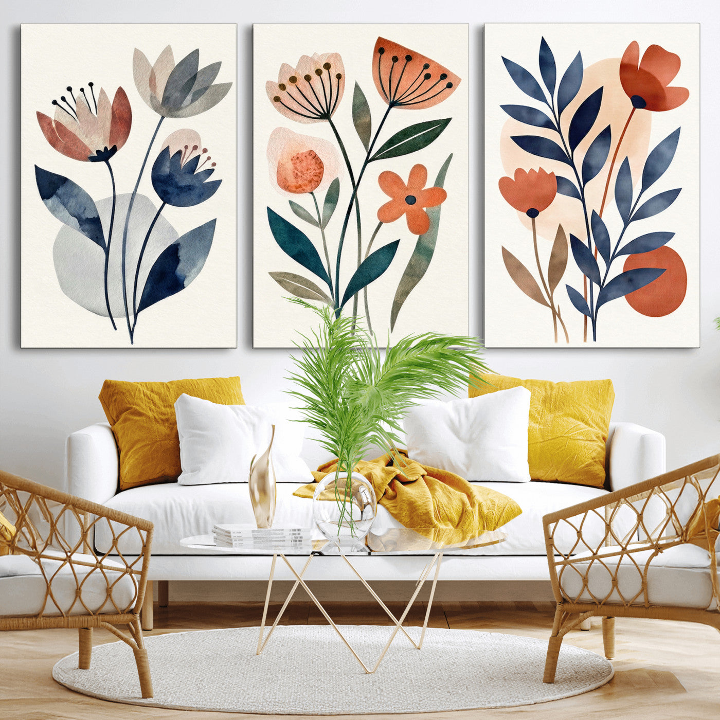 64426285-MGV-CV-60X30-3P - Watercolor Botanical Canvas Wall Art Set, Navy Terracotta Floral Triptych Print, Minimalist Flower Decor, Boho Living Room Art, Scandinavian Nature Print