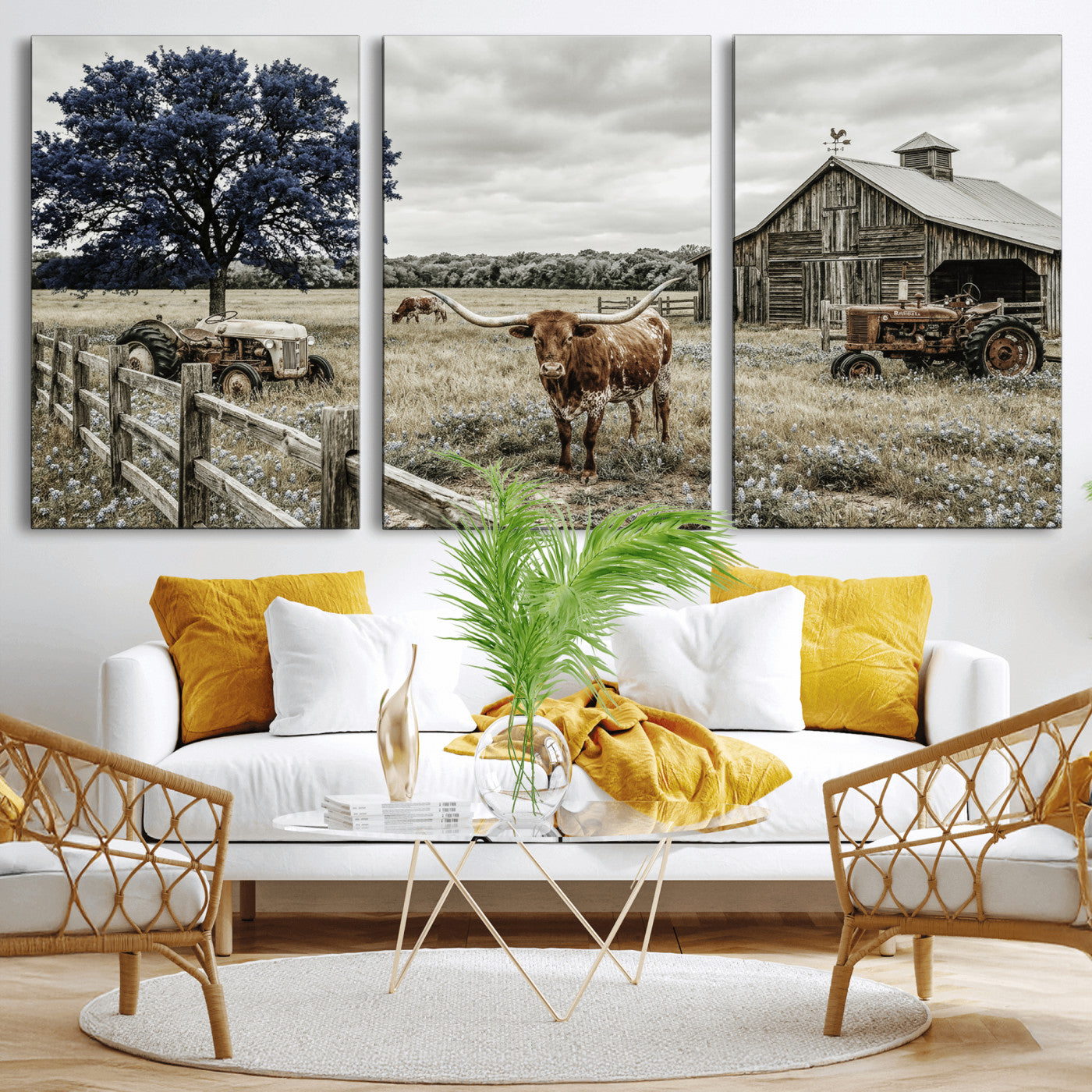 34049737-MGV-CV-60X30-3P - Texas Longhorn Canvas Wall Art, Rustic Farm Barn Bluebonnet Photography Print, Farmhouse Country Decor, Western Ranch Art, Old Truck Tractor Print