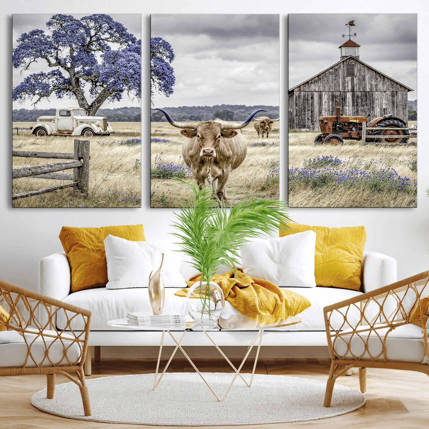 62336425-MGV-CV-60X30-3P - Texas Longhorn Canvas Wall Art, Rustic Farm Barn Bluebonnet Photography Print, Farmhouse Country Decor, Western Ranch Art, Old Truck Tractor Print