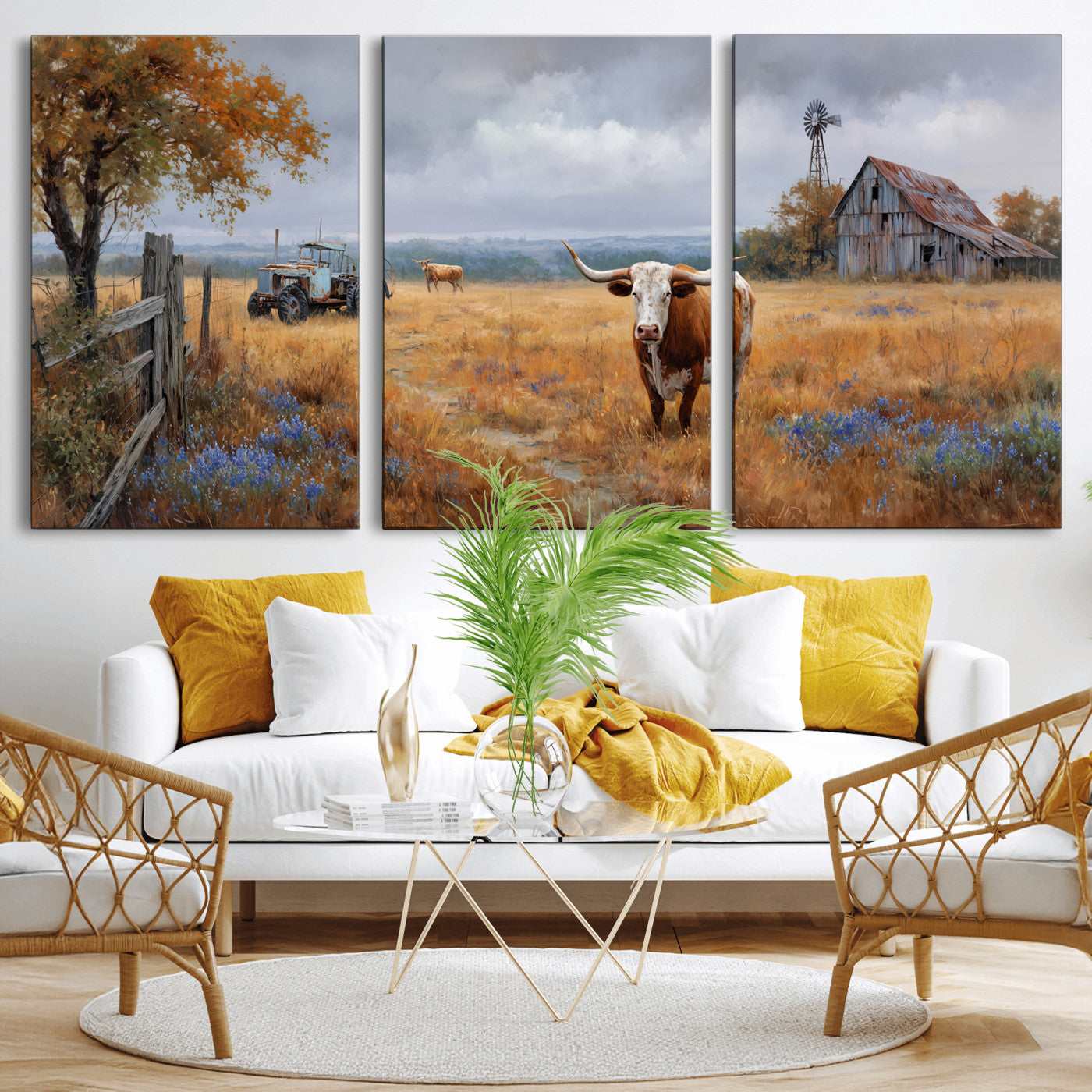 25324907-MGV-CV-60X30-3P - Texas Longhorn Canvas Wall Art, Rustic Farm Barn Bluebonnet Photography Print, Farmhouse Country Decor, Western Ranch Art, Old Truck Tractor Print