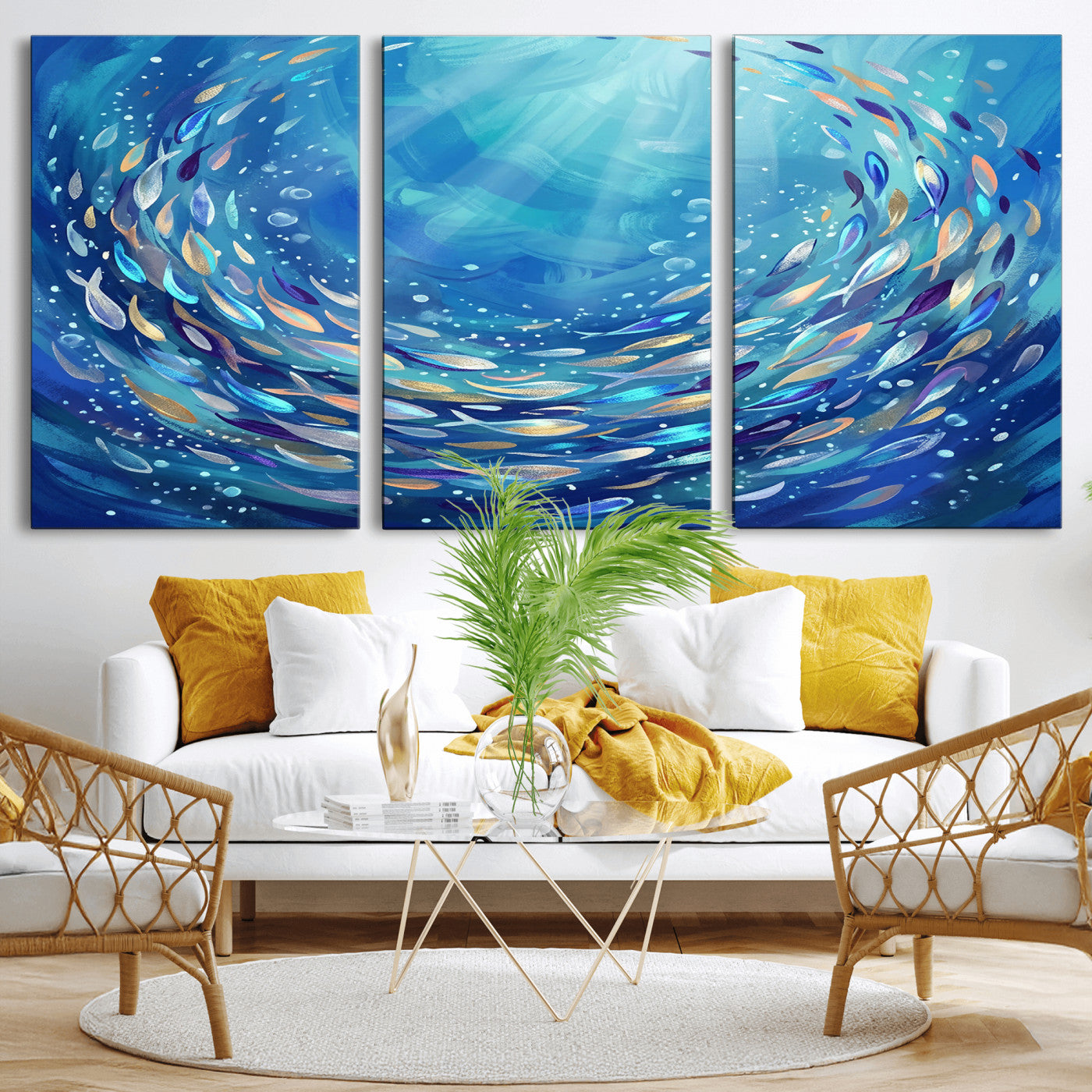 78699899-MGV-CV-36X24 - School of Fish Canvas Print | Blue Ocean Underwater Wall Art | Swirling Fish Shoal Illustration | Marine Navy Coastal Decor