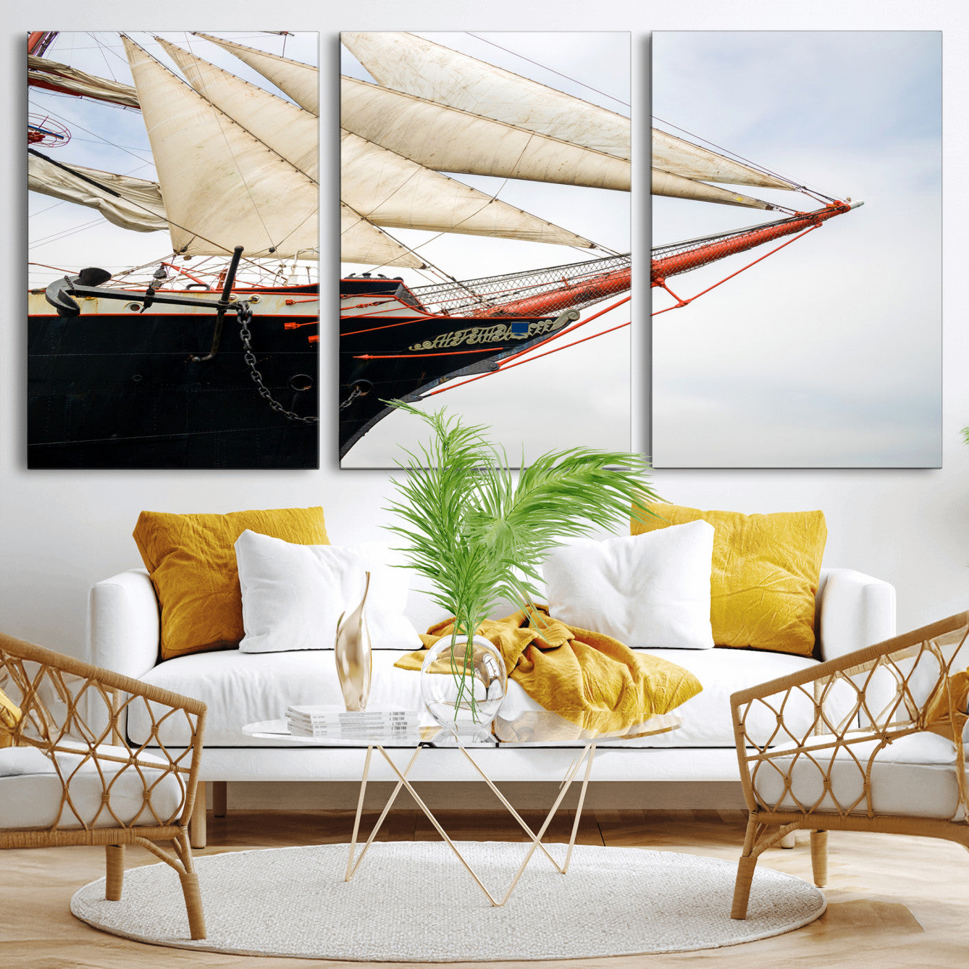 64830036-MGV-CV-36X24 - Sailboat Wall Art Canvas Print, Vintage Ship Bow Framed Artwork, Nautical Sailing Decor for Living Room Office Beach House