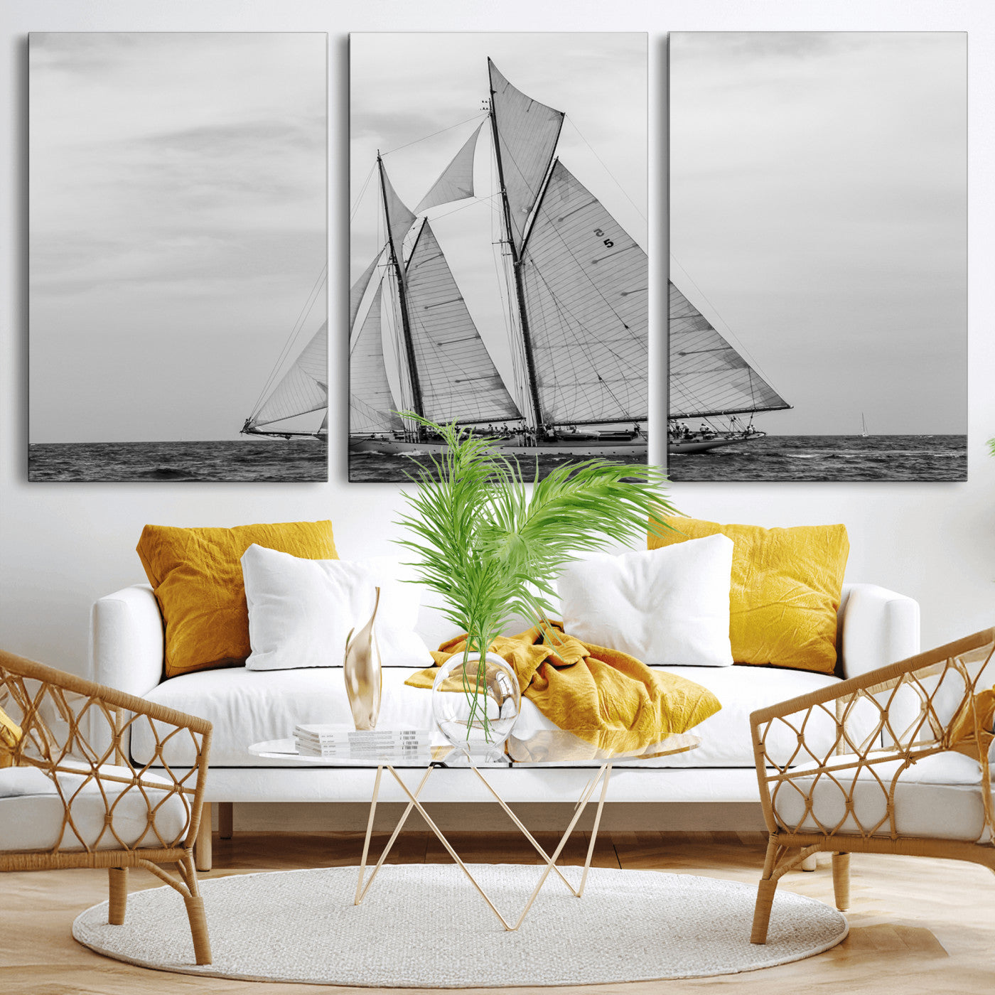 52882918-MGV-CV-36X24 - Vintage Sailboat Wall Art Canvas Print, Black and White Schooner Framed Artwork, Nautical Ocean Sailing Decor for Living Room Office Beach House