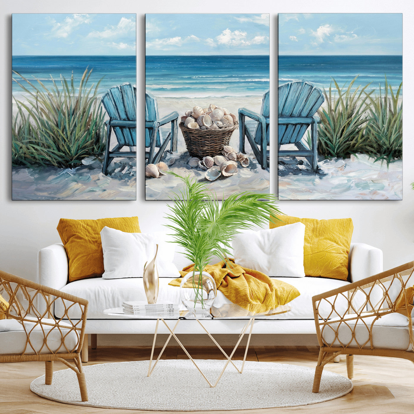 11973028-MGV-CV-36X24 - Beach Canvas Wall Art Coastal Adirondack Chairs Ocean Seashells Blue Nautical Framed Large for Living Room Bedroom Bathroom Decor