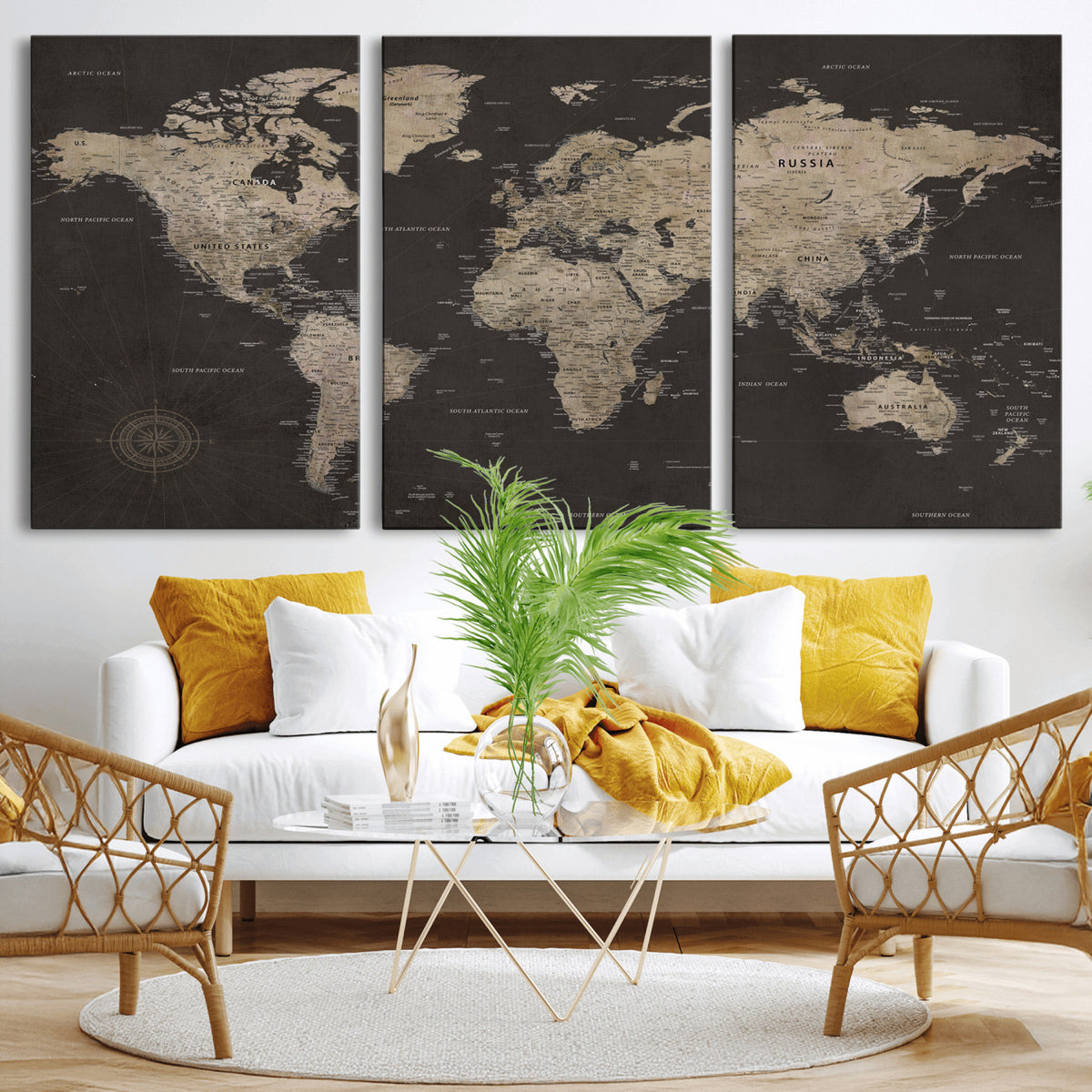 56556018136-MGV-CV-36X24 - World Map Canvas Wall Art Dark Charcoal Antique Tan Detailed