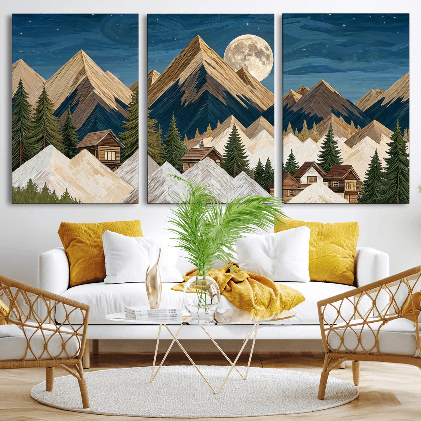 17622011MO-MGV-CV-60X30-3P - Moonlit Mountain Cabin Wall Art Canvas Print, Rustic Mountain Landscape Canvas Print, Woodland Cabin Wall Decor, Framed Nature Artwork Ready to Hang
