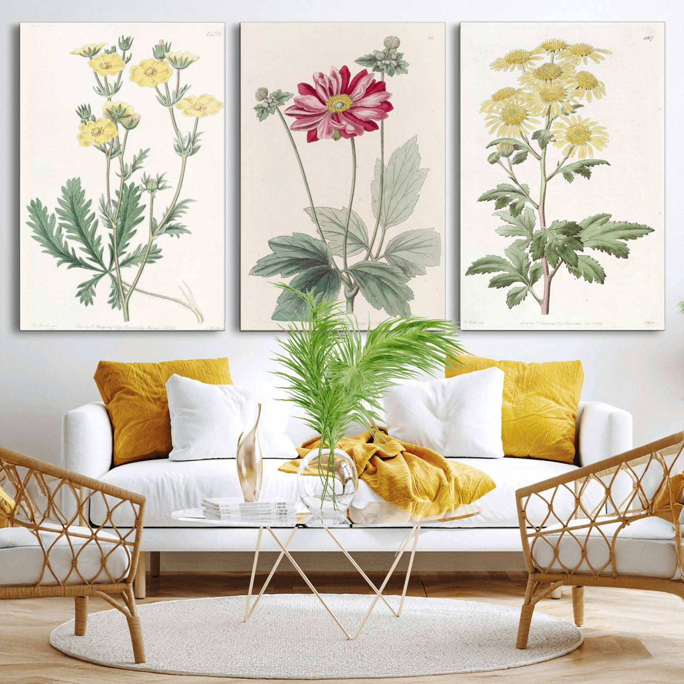 17622011MF-MGV-CV-60X30-3P - Antique Botanical Canvas Wall Art, Victorian Flower Illustration Triptych Print, Cottagecore Vintage Botanical Decor