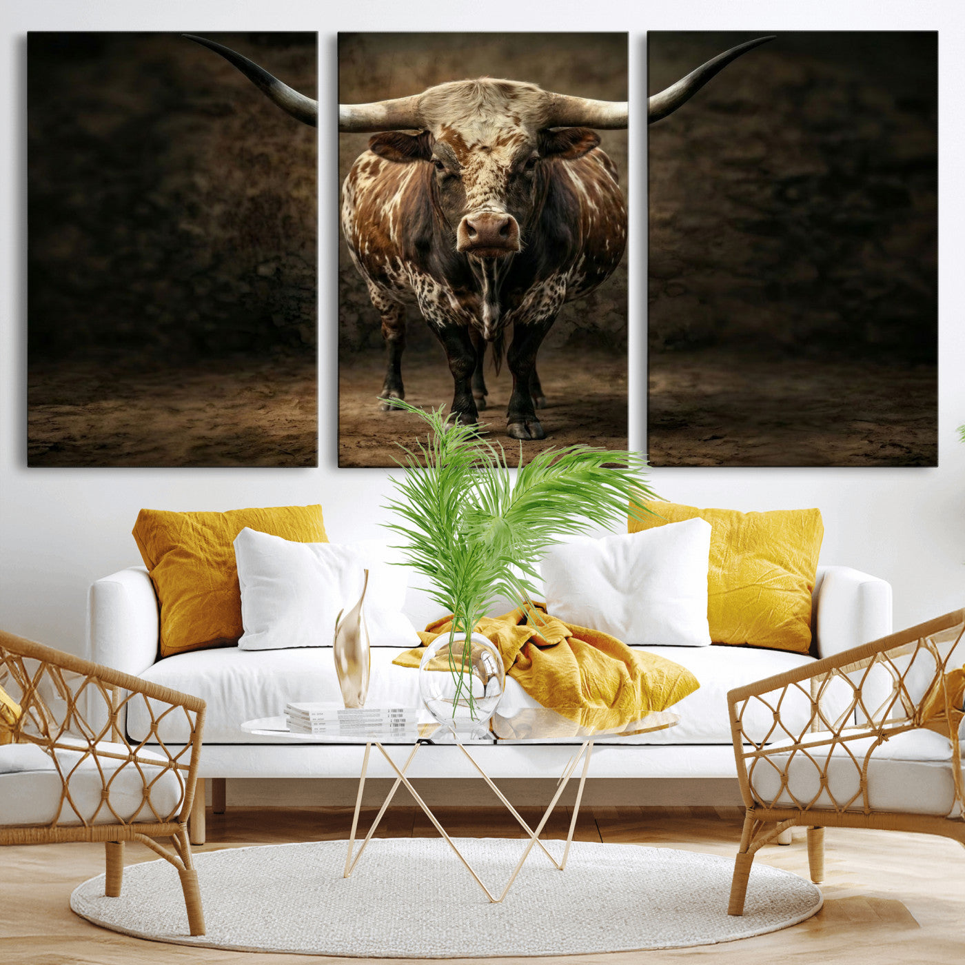59378683-MGV-CV-60X30-3P - Texas Longhorn Bull Canvas Wall Art, Western Ranch Cattle Photography Print, Rustic Farmhouse Cowboy Decor Artwork