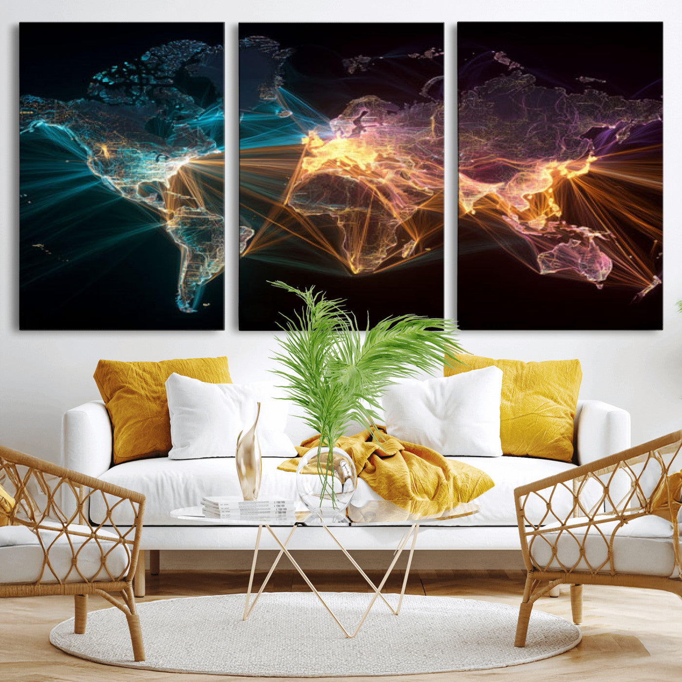 14891737-MGV-CV-36X24 - World Map and Global Flight Routes Map Canvas Wall Art, Worldwide Aviation Network Print, International Air Travel Wall Decor