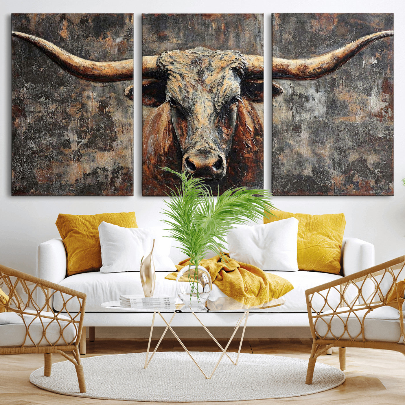 34202127RS-MGV-CV-60X30-3P - Texas Longhorn Skull Canvas Wall Art Rustic Western Decor Print