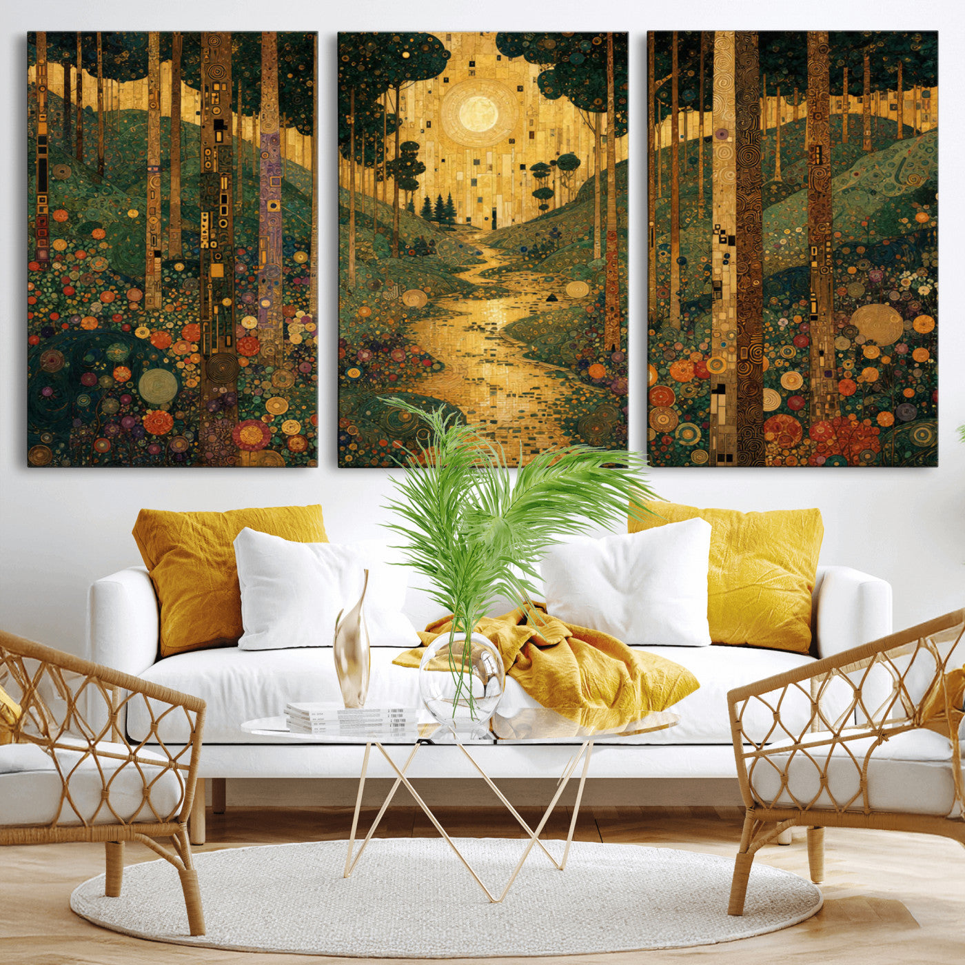79483321GS-MGV-CV-48X32-3P - Gustav Klimt Style Forest Canvas Wall Art, Golden Forest Path Floral Art Nouveau Print, Enchanted Woodland Decor