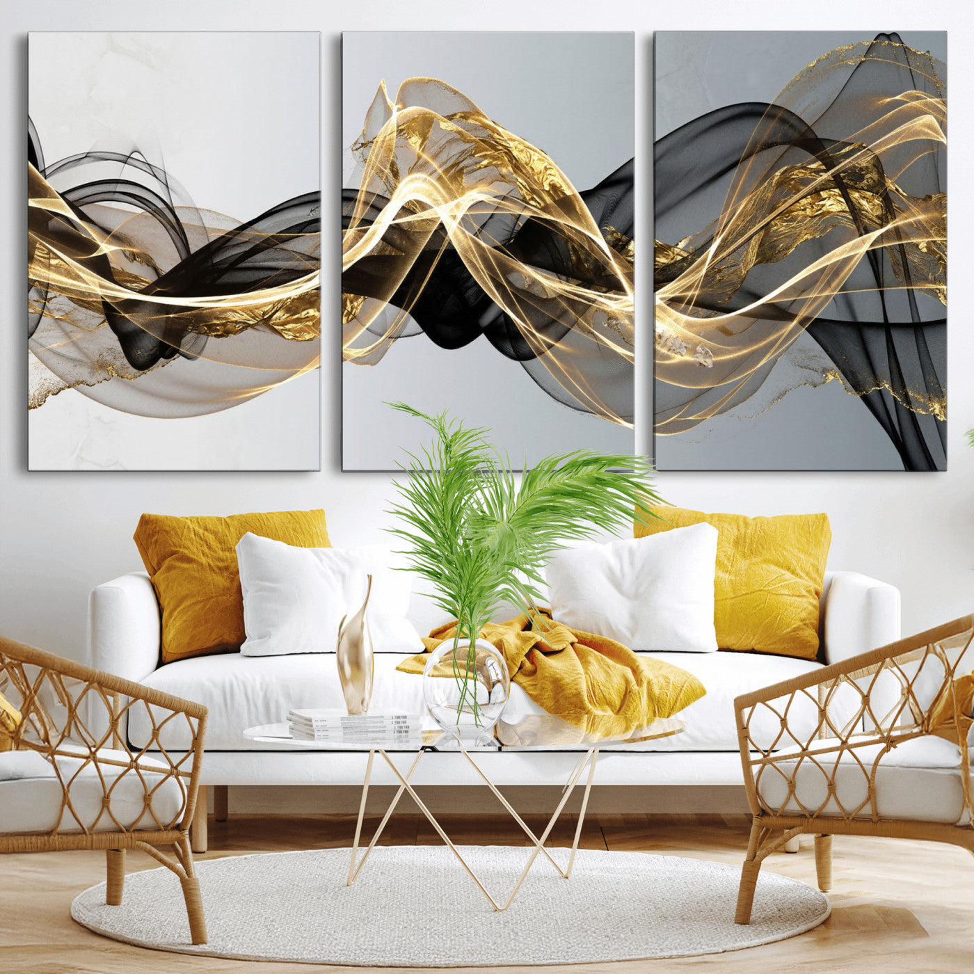 79483321DL-MGV-CV-36X24 - Black and Gold Abstract Wall Art, Modern Wave Canvas Print, Elegant Flowing Smoke Art, Luxury Living Room Decor