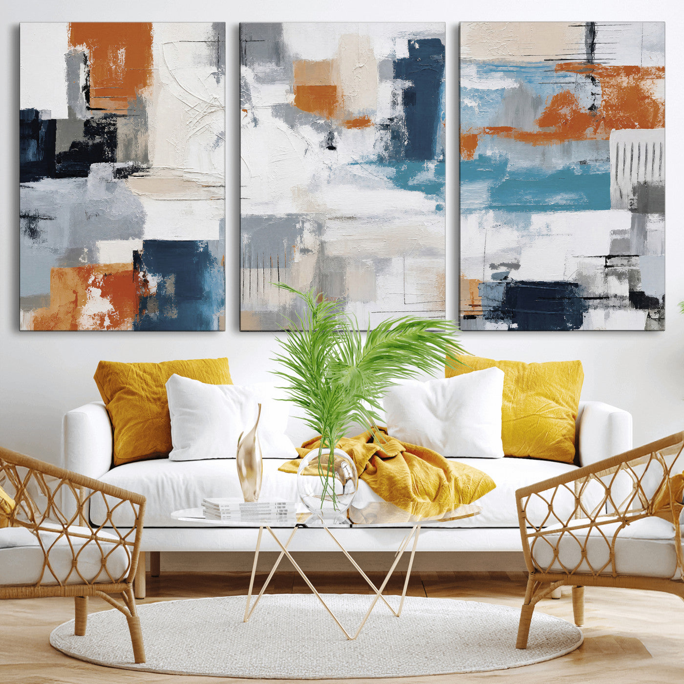 44950303-MGV-CV-36X24 - Blue Teal Abstract Canvas Wall Art, Modern Textured Painting Print, Navy Orange White Contemporary Art, Neutral Living Room Decor, Office Art