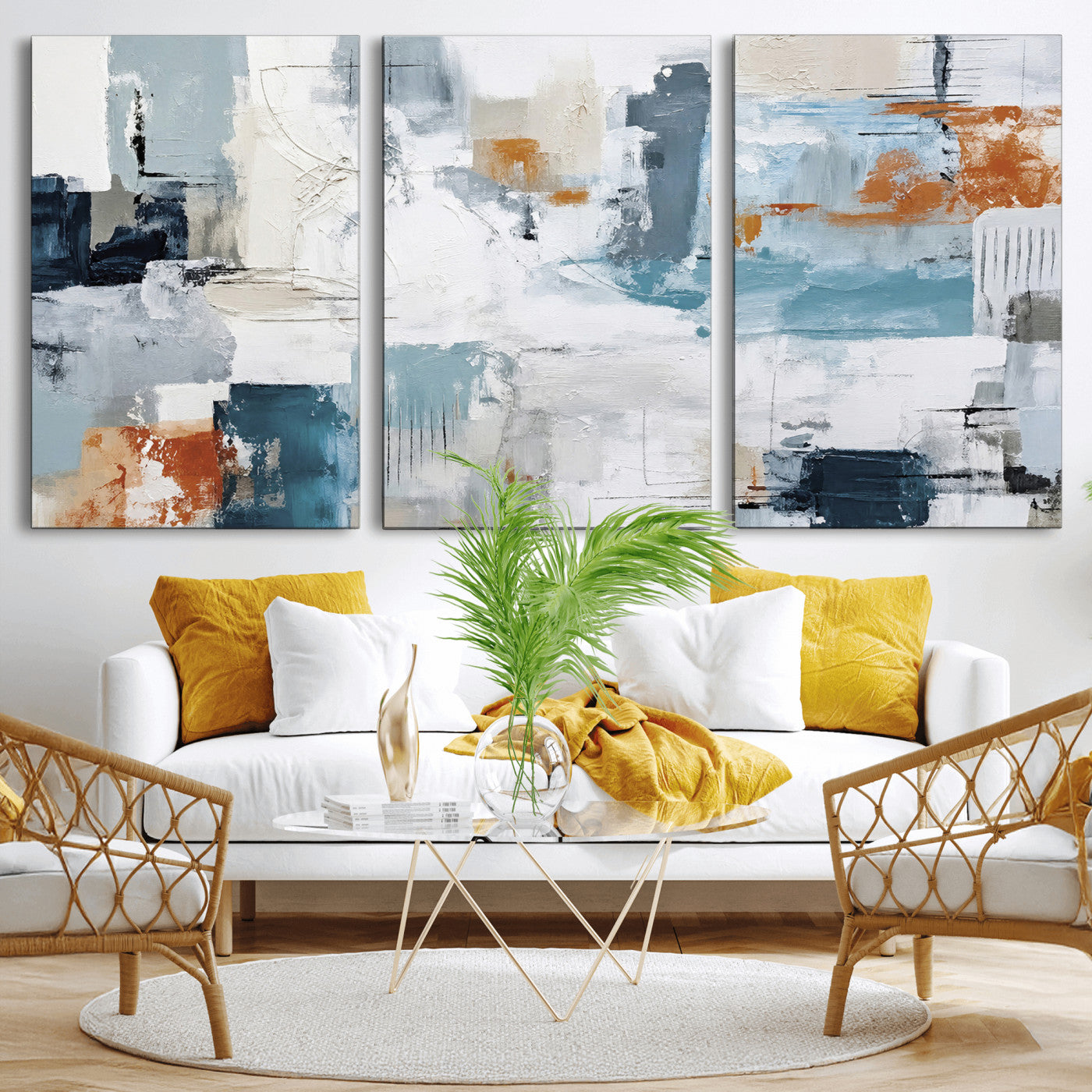 98638479-MGV-CV-36X24 - Blue Teal Abstract Canvas Wall Art, Modern Textured Painting Print, Navy Orange White Contemporary Art, Neutral Living Room Decor, Office Art