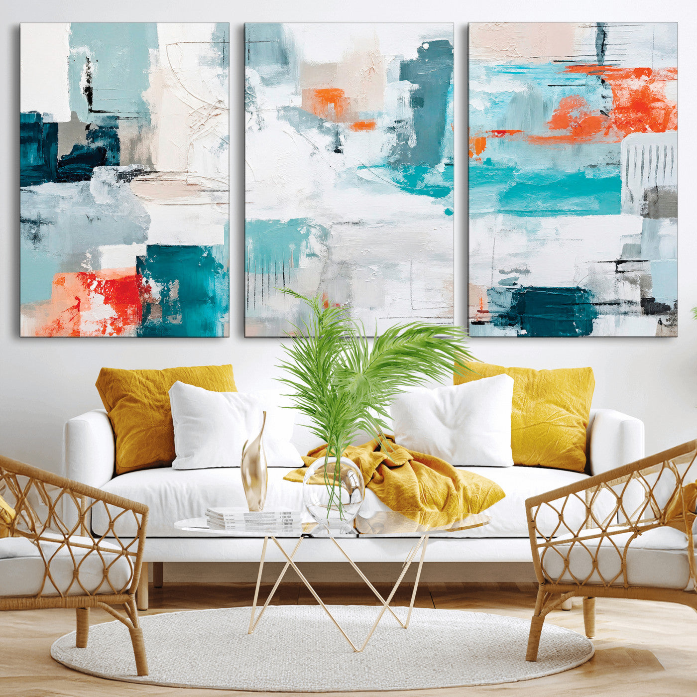98638479-MGV-CV-36X24 - Blue Teal Abstract Canvas Wall Art | Modern Textured Painting Print, Navy Orange White Contemporary Art, Neutral Living Room Decor, Office Art