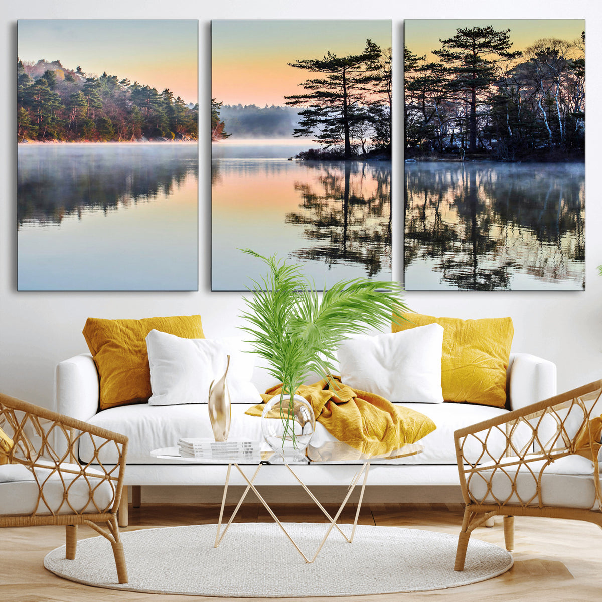 34236027-MGV-CV-36X24 - Before People Wake Canvas Wall Art Print, Misty Lake Sunrise Landscape, Forest Reflection Nature Decor, Ready to Hang