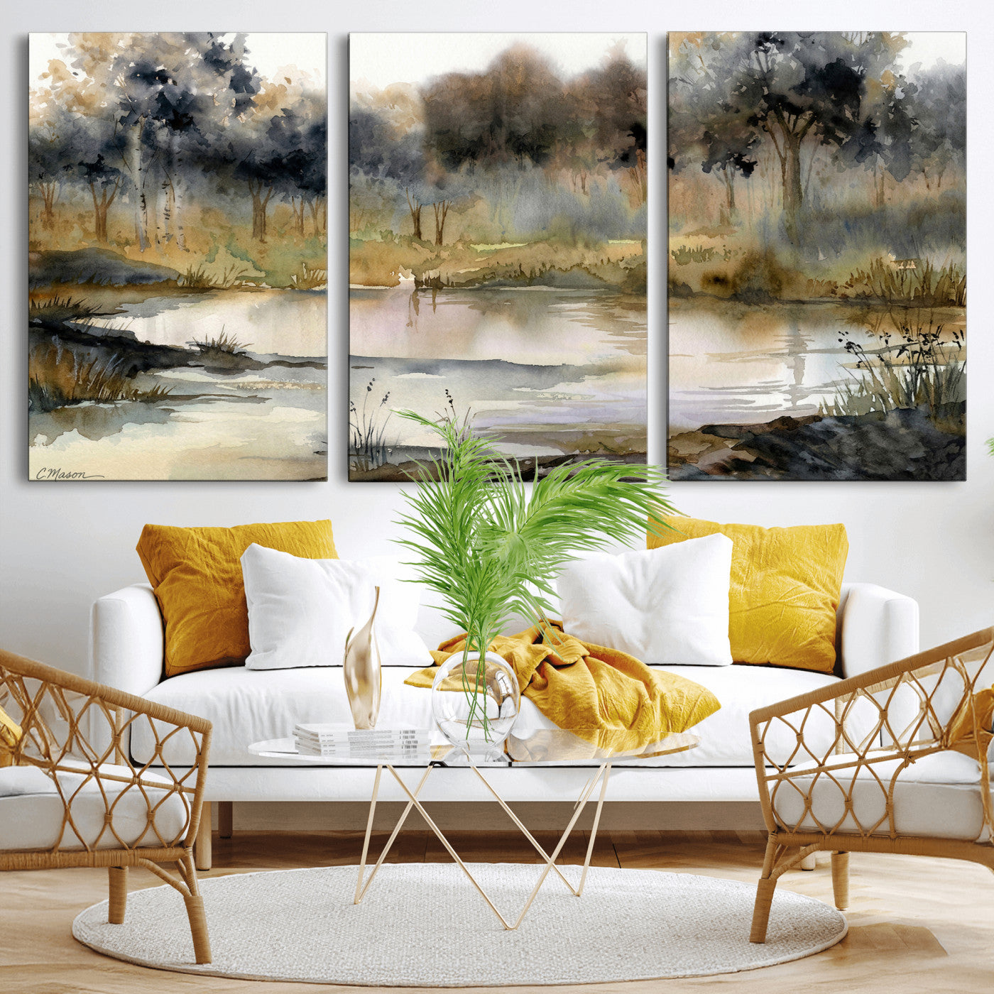 27383609-MGV-CV-36X24 - Abstract Watercolor Autumn Lake Canvas Wall Art Print - Misty Forest Landscape, Rustic Nature Painting, Cabin Wall Decor - Ready to Hang