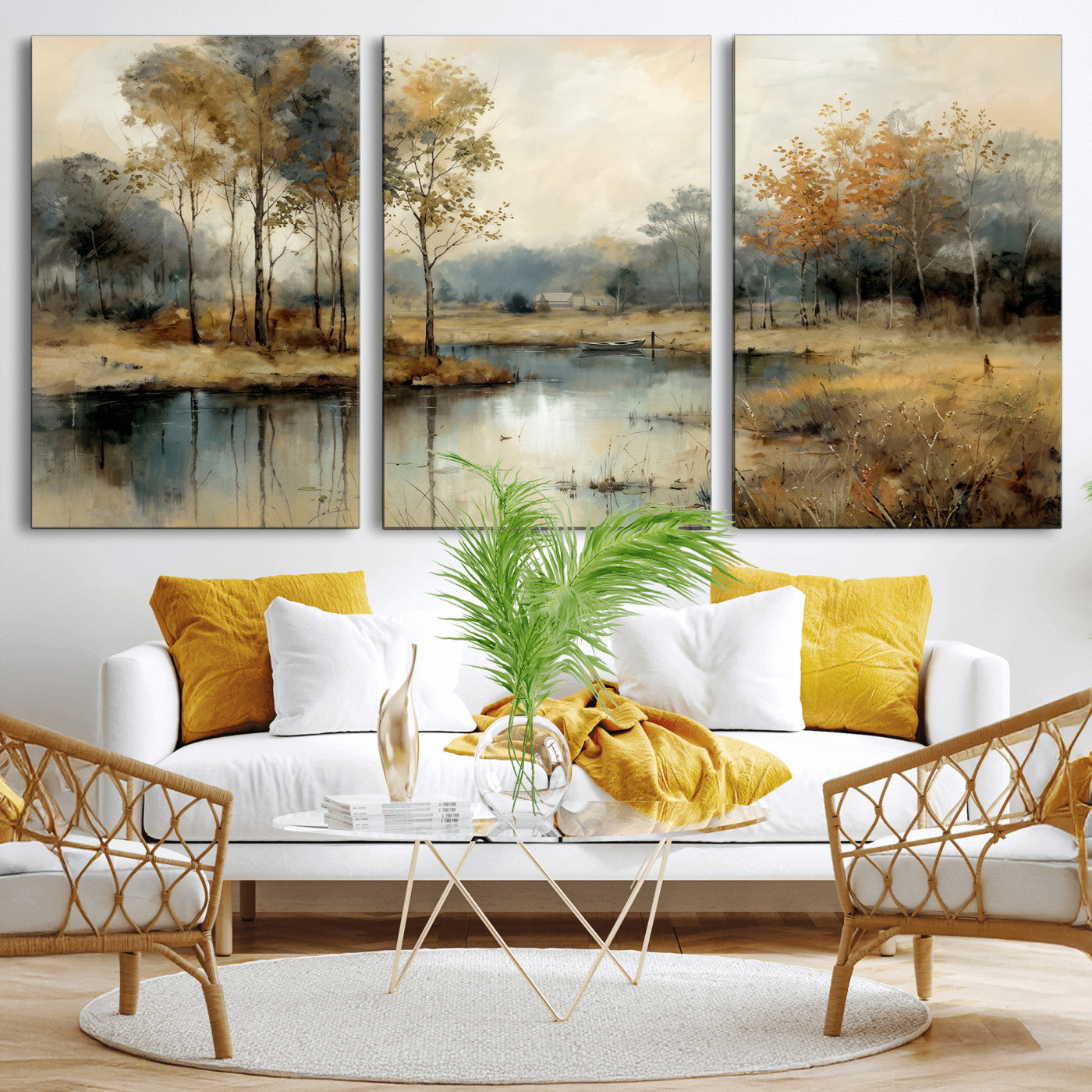 74391095-MGV-CV-36X24 - Abstract WatercolorAutumn Lake Canvas Wall Art Print, Misty Forest Landscape, Rustic Nature Painting, Cabin Wall Decor, Ready to Hang