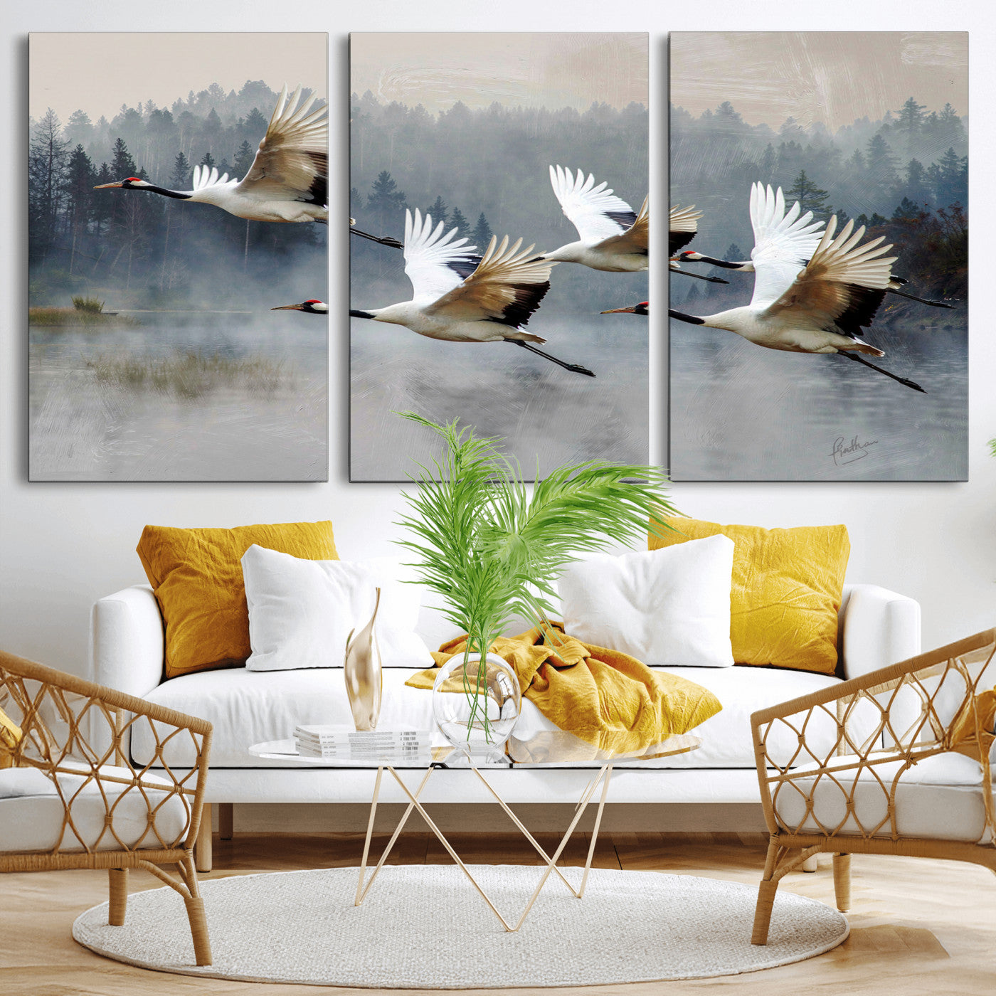 24356826-MGV-CV-36X24 - Flying Crane Canvas Wall Art Print, White Crane Bird Artwork, Wildlife Nature Decor, Lake Landscape Canvas, Ready to Hang
