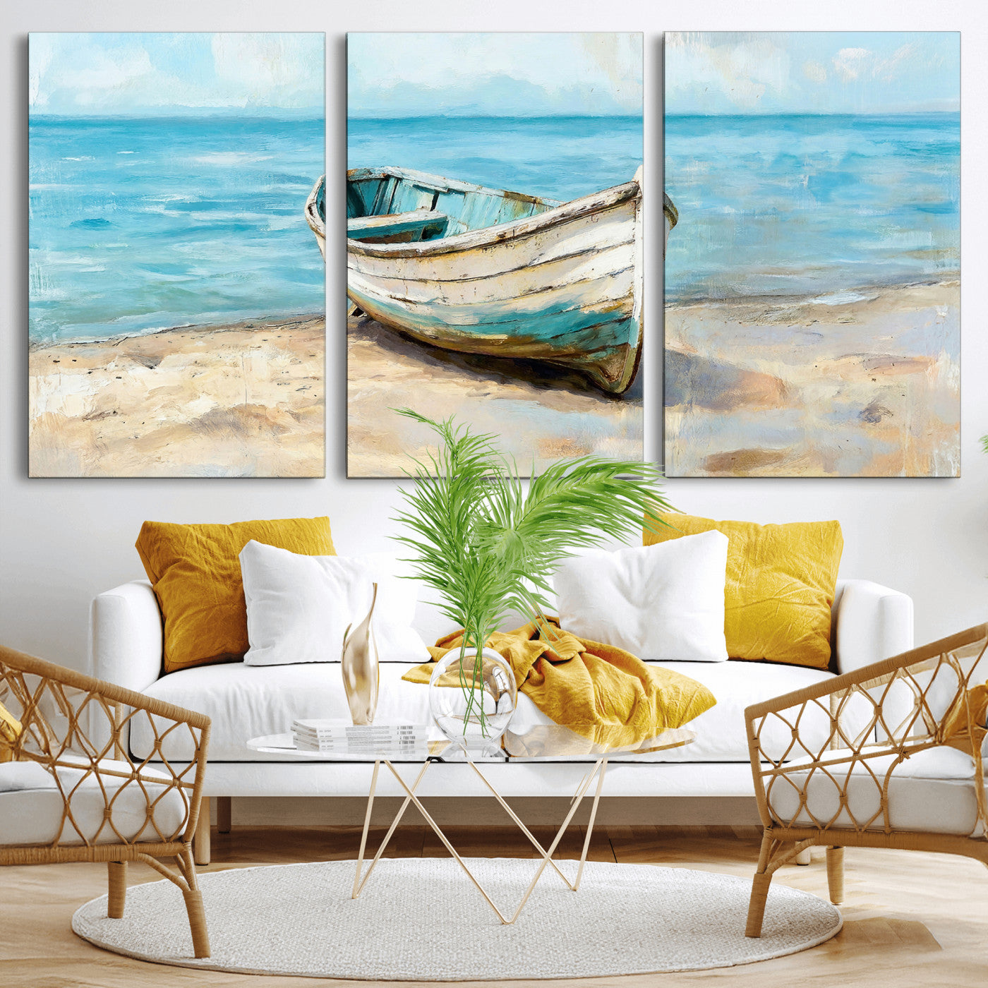 14780565-MGV-CV-36X24 - Coastal Boat Canvas Wall Art Print, Beach Boat Painting, Nautical Ocean Decor, Seascape Wall Art - Ready to Hang
