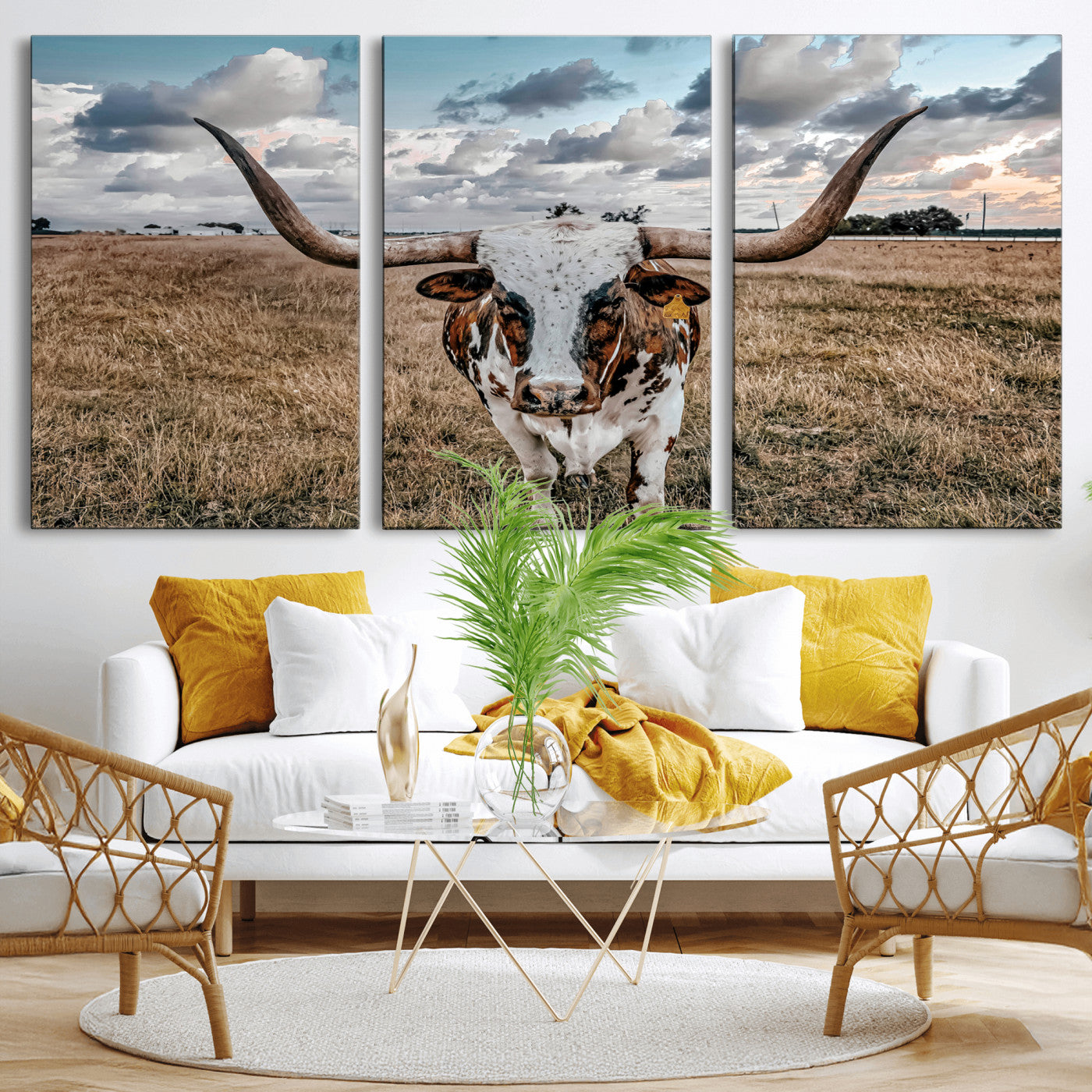 17464823-MGV-CV-36X24 - Texas Longhorn Canvas Wall Art Print - Western Cow Photography, Rustic Ranch Decor, Farmhouse Wall Art, Ready to Hang