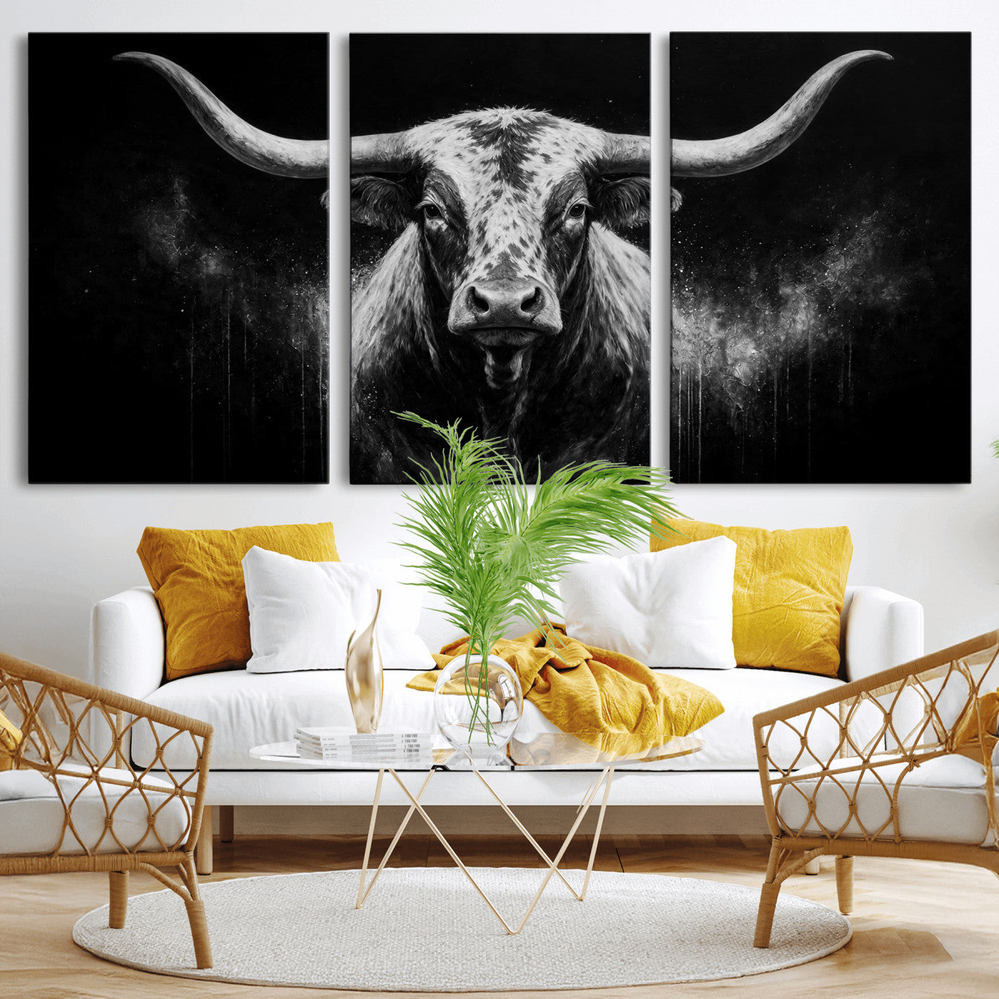 29671077-MGV-CV-60X30-3P - Texas Bull Cow Longhorn Canvas Wall Art Moody Western Bull Oil Painting Print