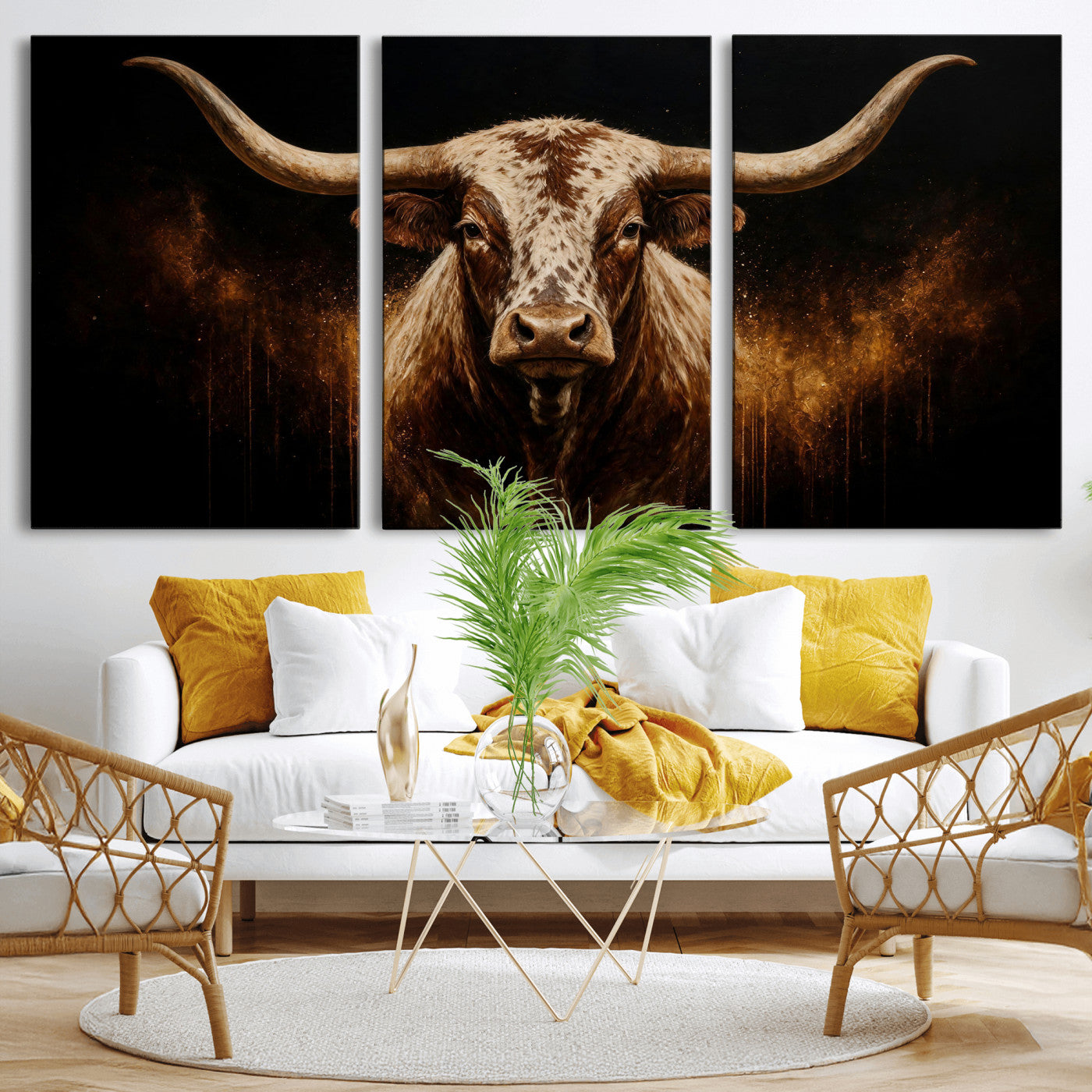62076449-MGV-CV-48X32-3P - Texas Bull Cow Longhorn Canvas Wall Art Moody Western Bull Oil Painting Print