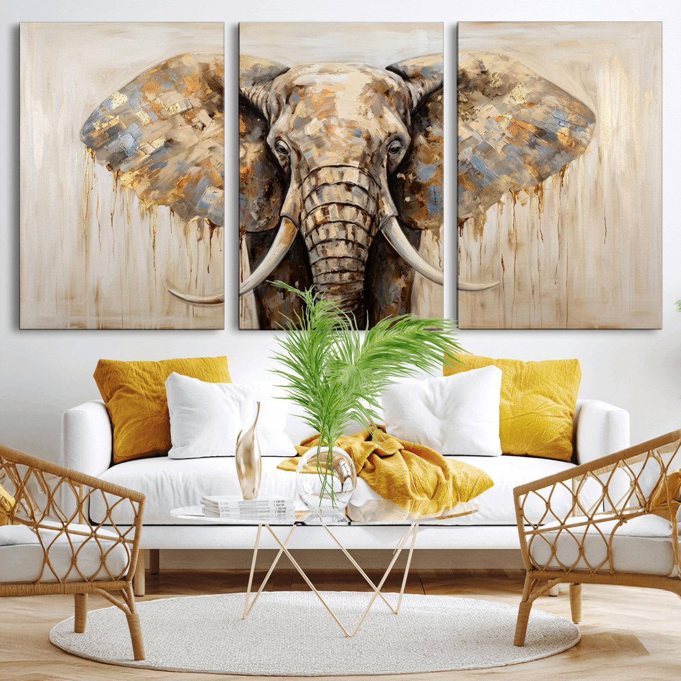 95819221-MGV-CV-36X24 - Gold Leaf Elephant Canvas Wall Art Abstract African Wildlife Painting Print