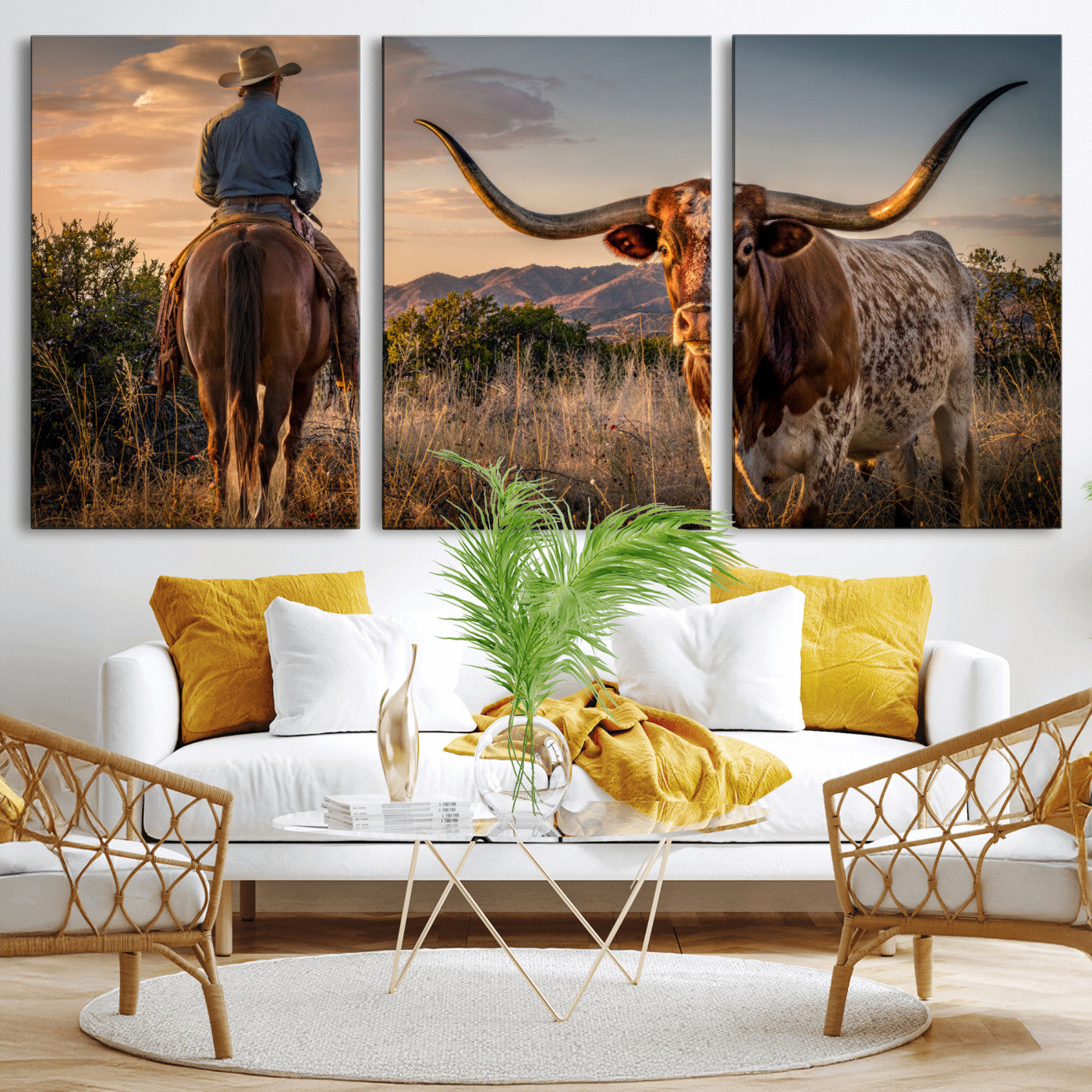62076449-MGV-CV-60X30-3P - Texas Cow Bull Longhorn Cowboy Western Wall Art Decor for Farmhouse