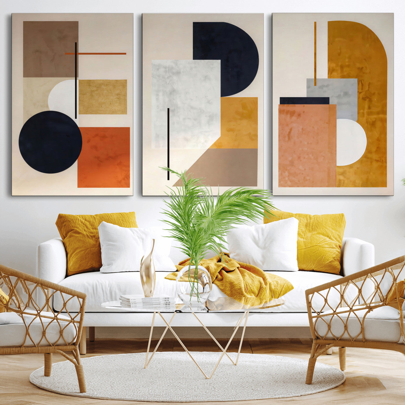 87361249-MGV-CV-48X32-3P - Mid Century Modern Geometric Canvas Wall Art, Abstract Triptych Print