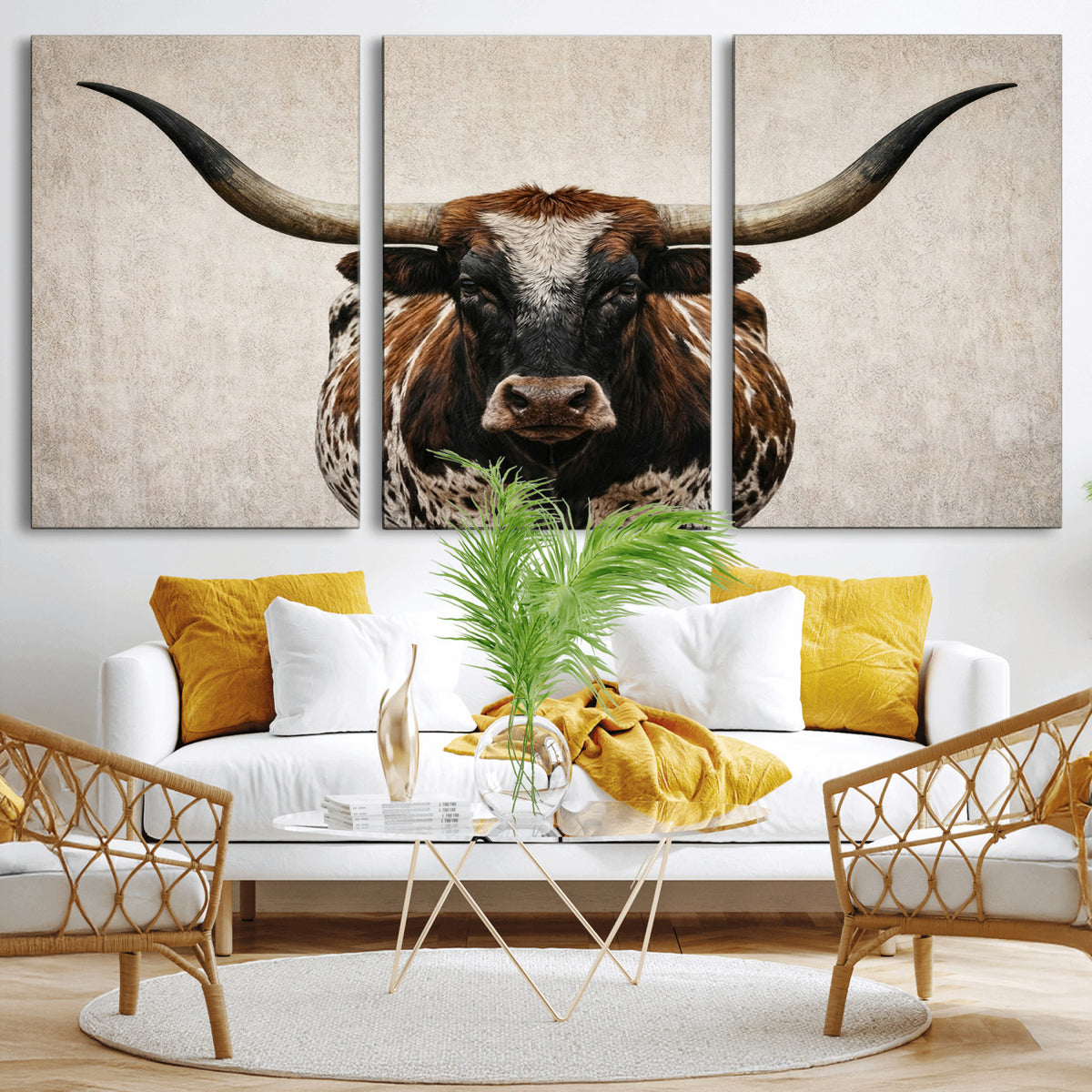 58622065-MGV-CV-36X24 - Texas Longhorn Canvas Wall Art Western Bull Desert Moody Grey Overcast Rustic Farmhouse Framed Large for Living Room Bedroom Office Decor