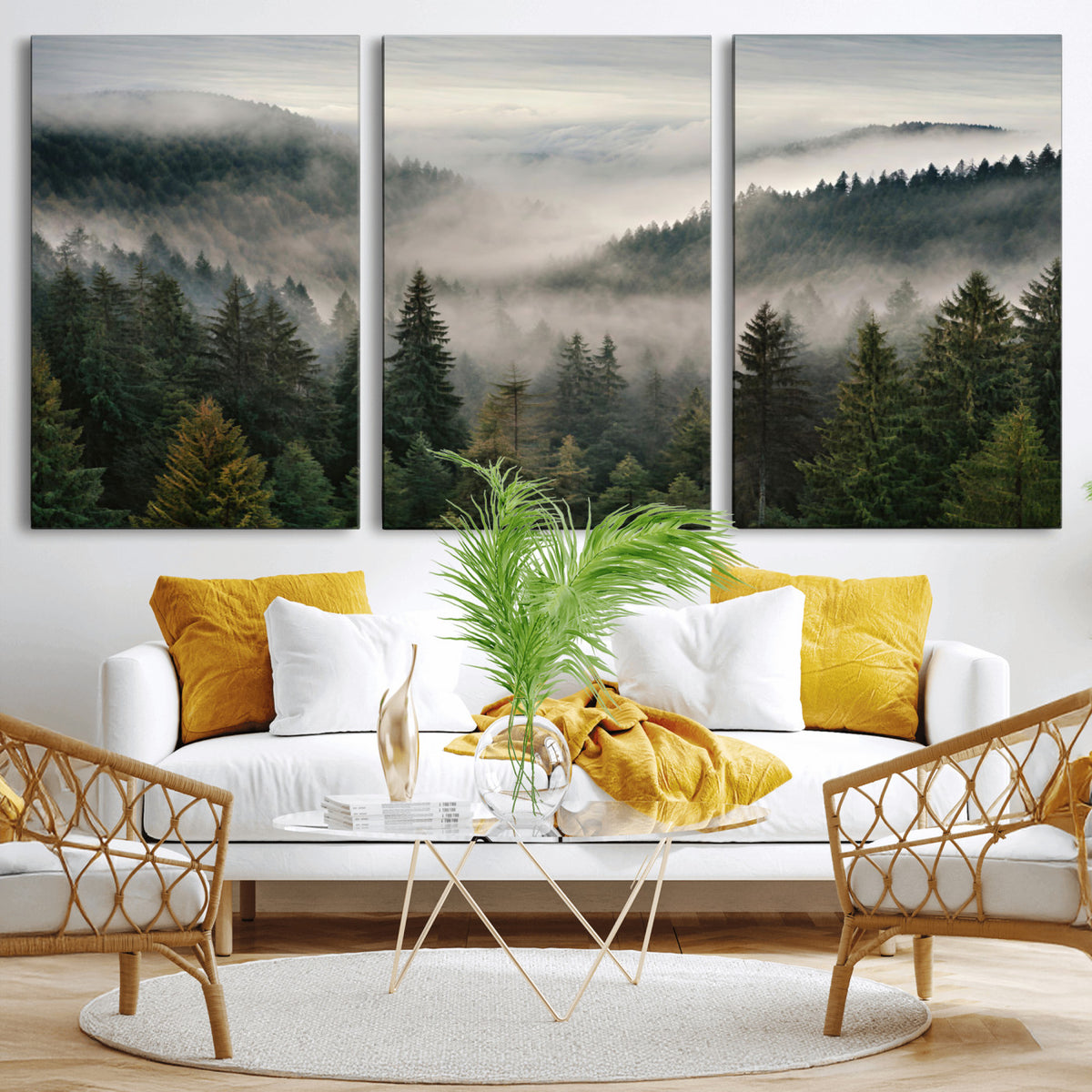 38409495-_Poster-30x20 - Misty Pine Valley Mountain Canvas Print 3 Piece Framed Wall Art Extra Large Floating Frame Nature Poster Made in USA