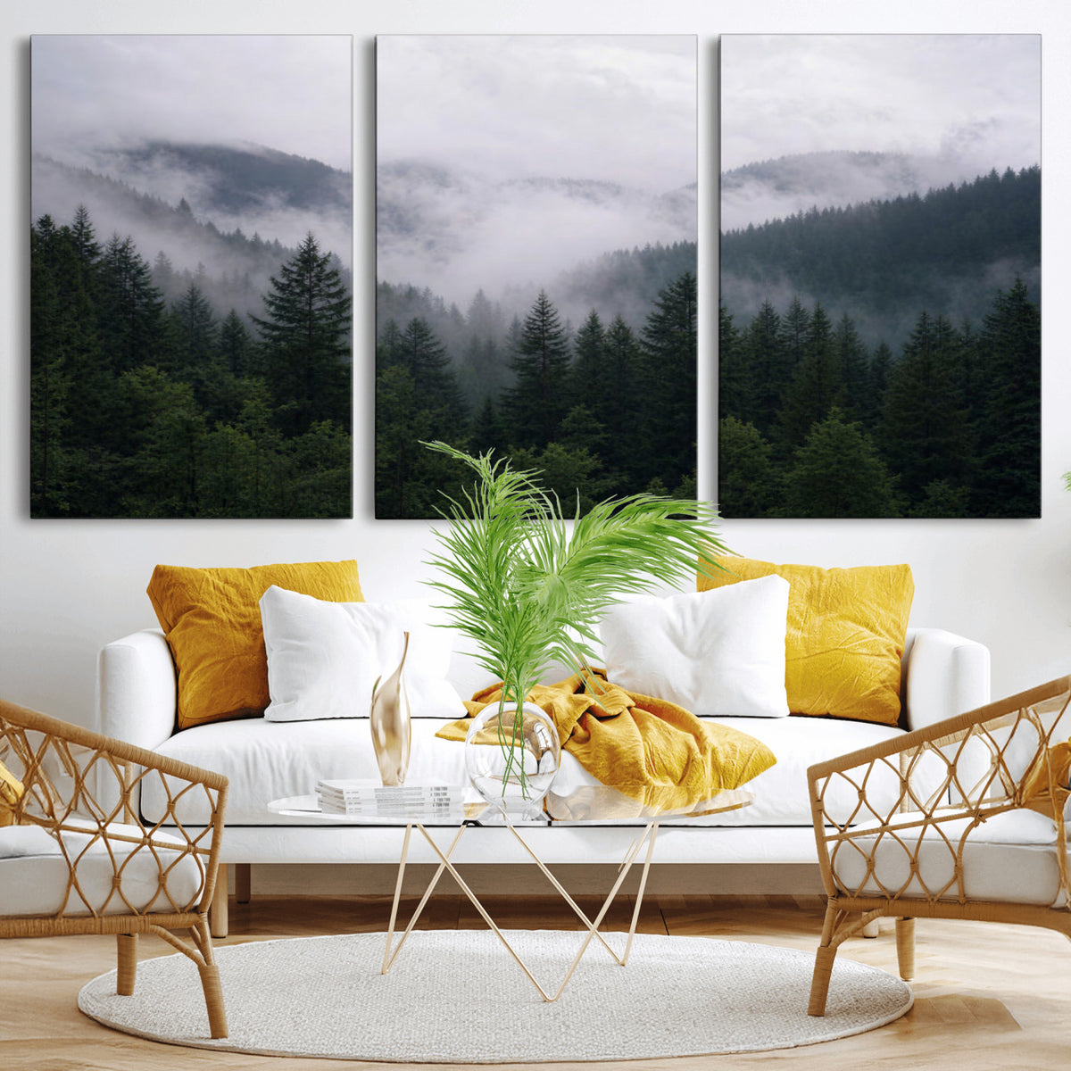 25432119-_Poster-30x20 - Misty Mountain Pine Forest Canvas Print 3 Piece Framed Wall Art Extra Large Floating Frame Nature Poster Made in USA