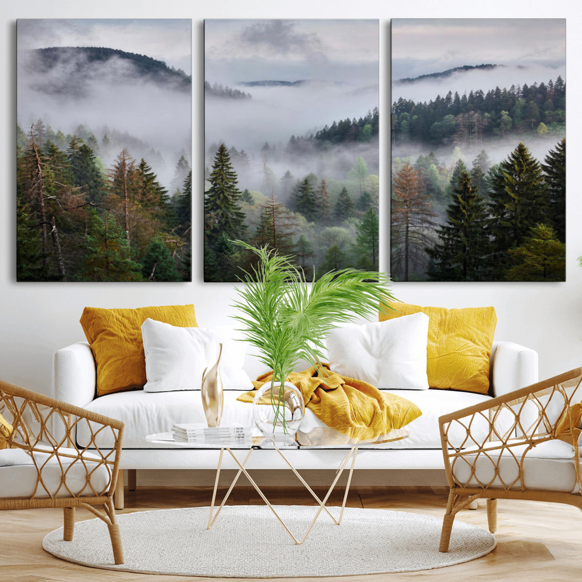 18735847-_Poster-30x20 - Foggy Pine Forest Mountain Canvas Print 3 Piece Framed Wall Art Extra Large Floating Frame Nature Poster Made in USA