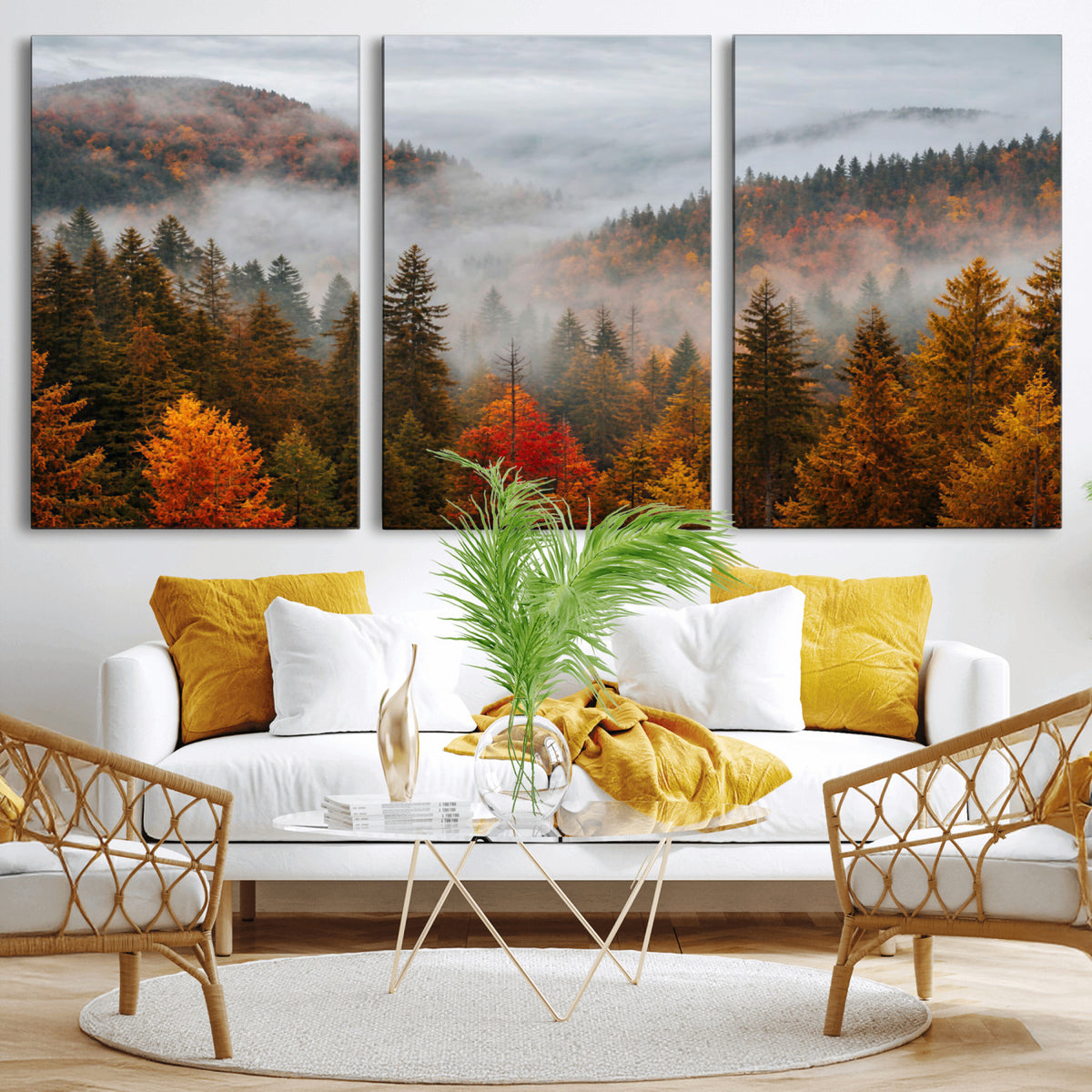 87481341-_Poster-30x20 - Foggy Autumn Mountain Canvas Print Smoky Pine Forest Wall Art Panoramic Nature Poster 3 Piece Made in USA