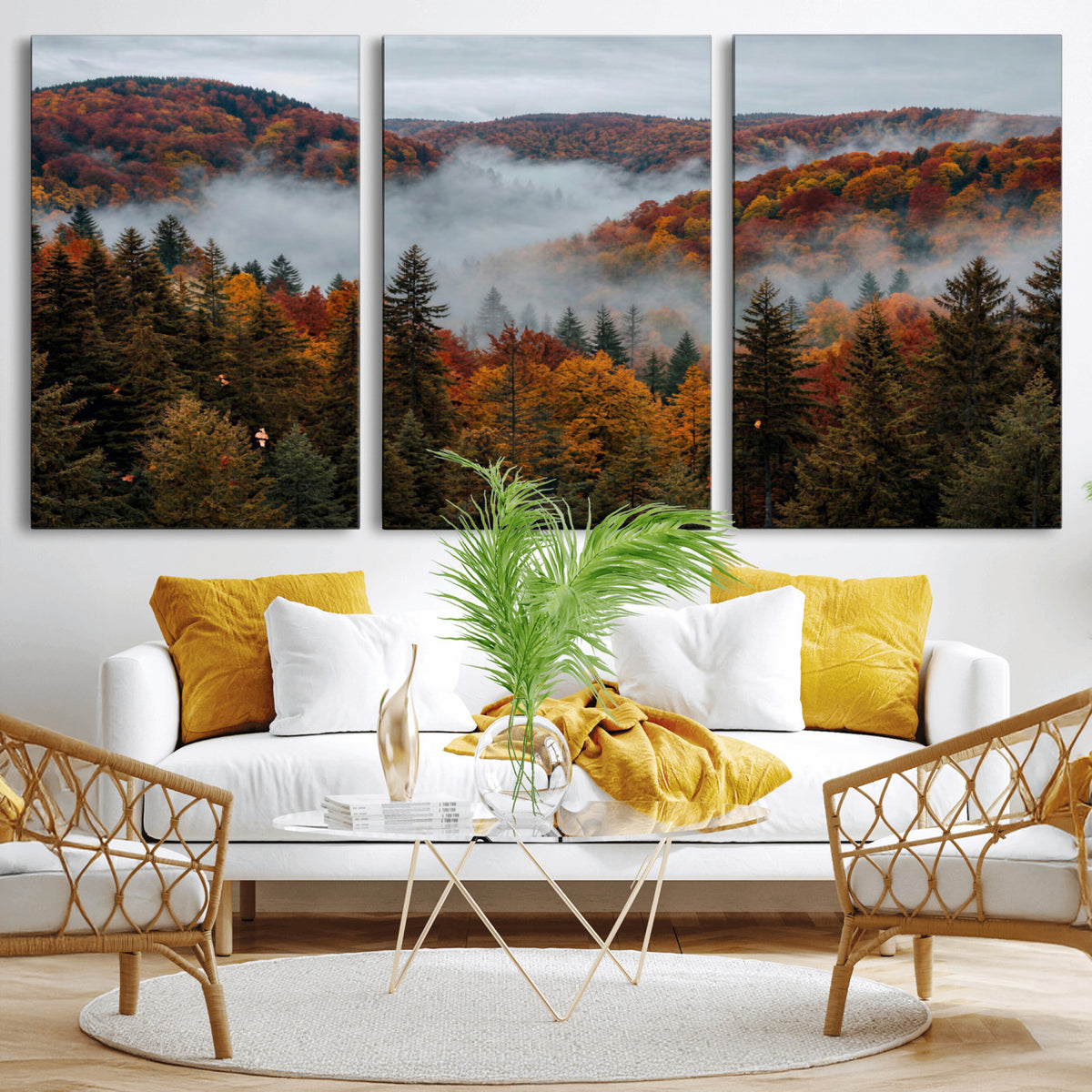 26686263-_Poster-30x20 - Misty Autumn Forest Mountain Canvas Print 3 Panel Wall Art Gallery Wrapped Floating Frame Poster Made in USA