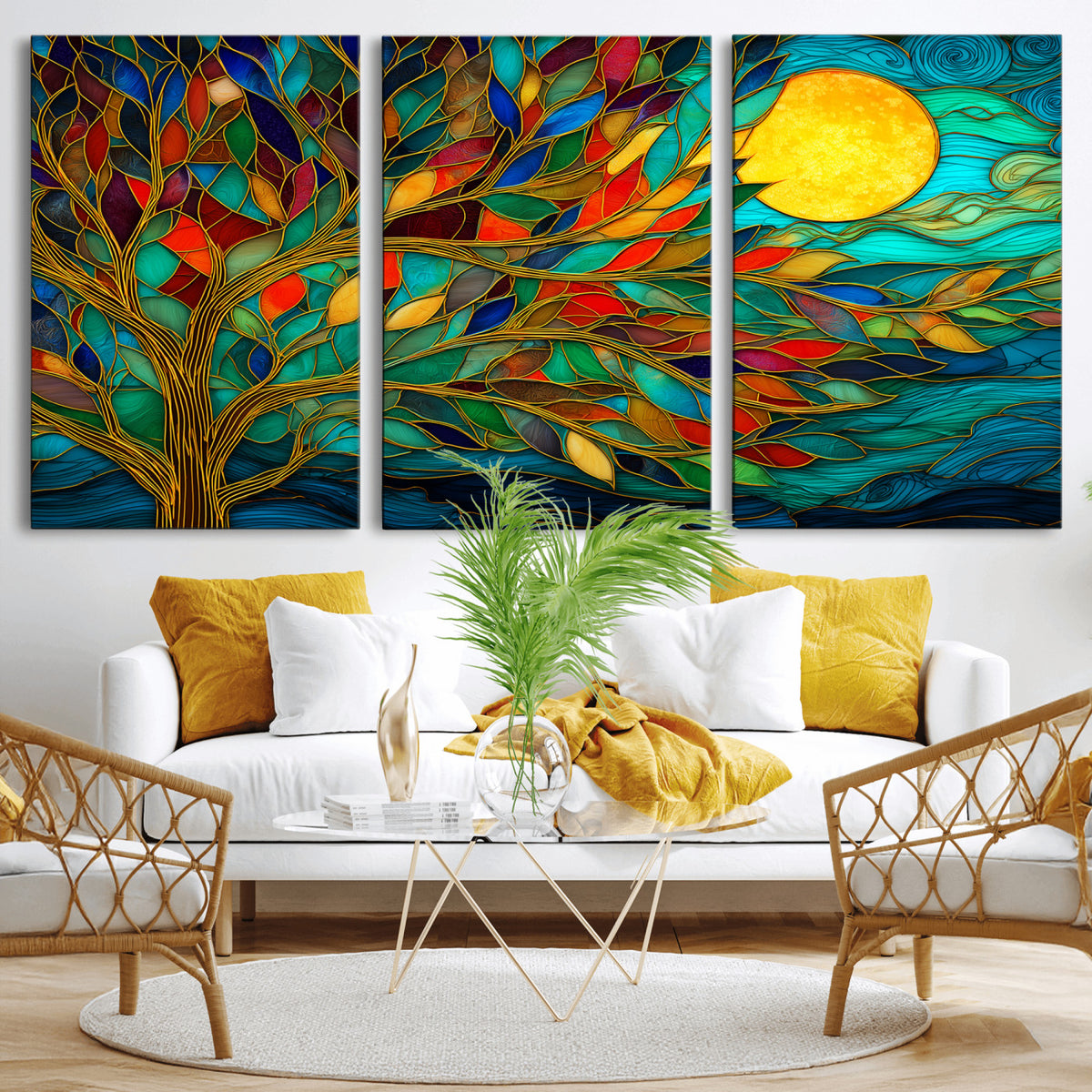 11877152-MGV-CV-36X24 - Stained Glass Tree Of Life Wall Art - Vibrant Mosaic Nature Home Decor