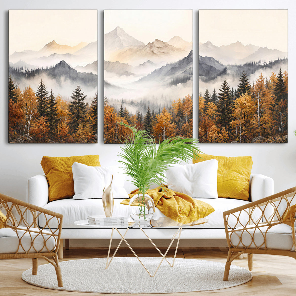 19544118-MGV-TP-30X20 - Misty Mountain Autumn Forest Canvas Wall Art - Watercolor Fall Nature Landscape Print