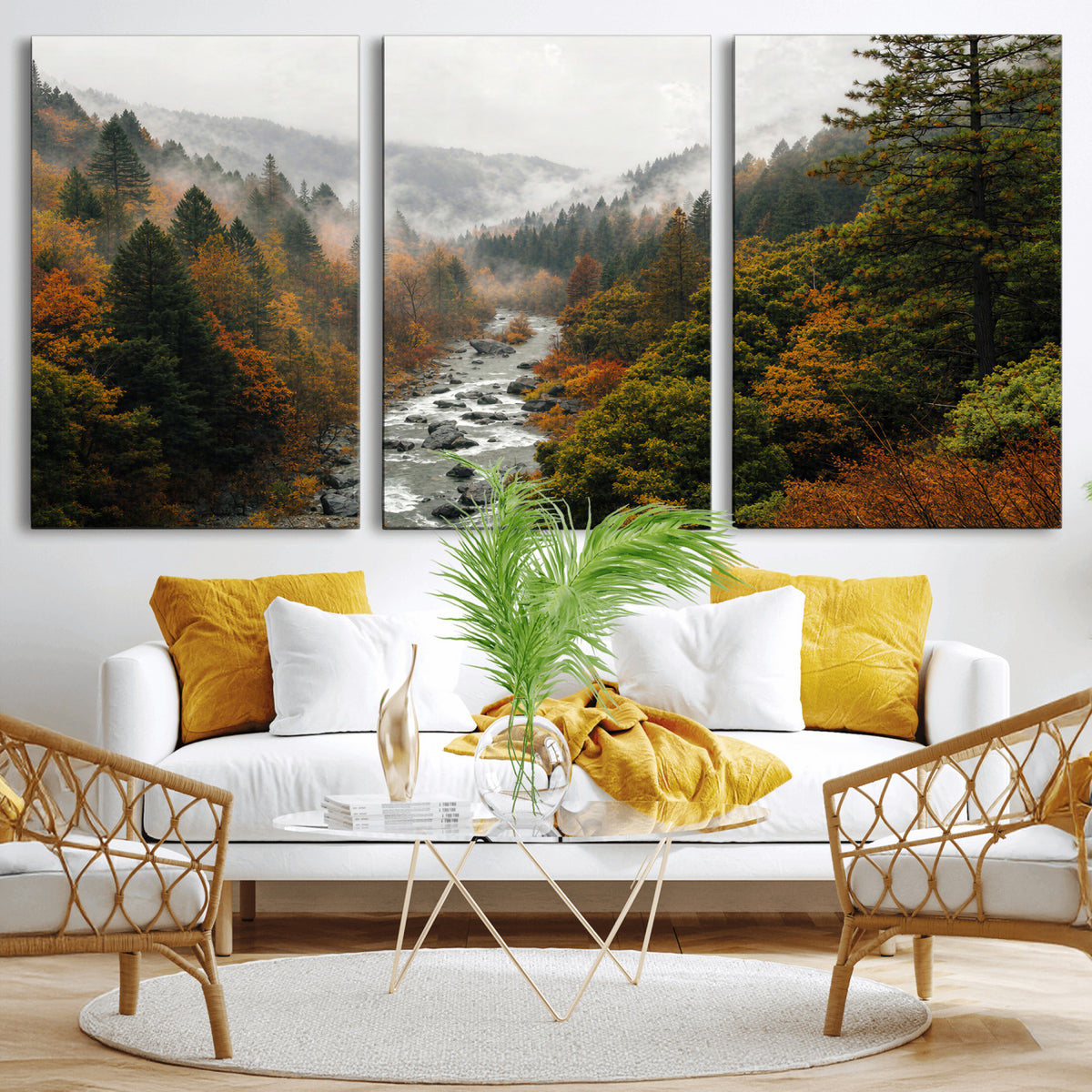 95540697-MGV-TP-30X20 - Misty River Mountain Valley Canvas Wall Art - Autumn Forest Landscape Nature Print