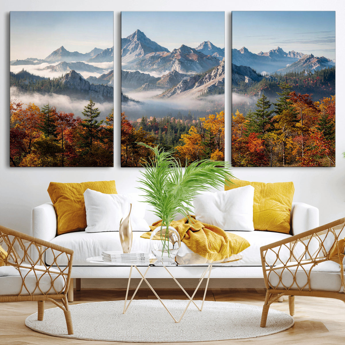 38847944-MGV-TP-30X20 - Majestic Mountain Peak Canvas Wall Art - Panoramic Autumn Forest Fog Landscape Print