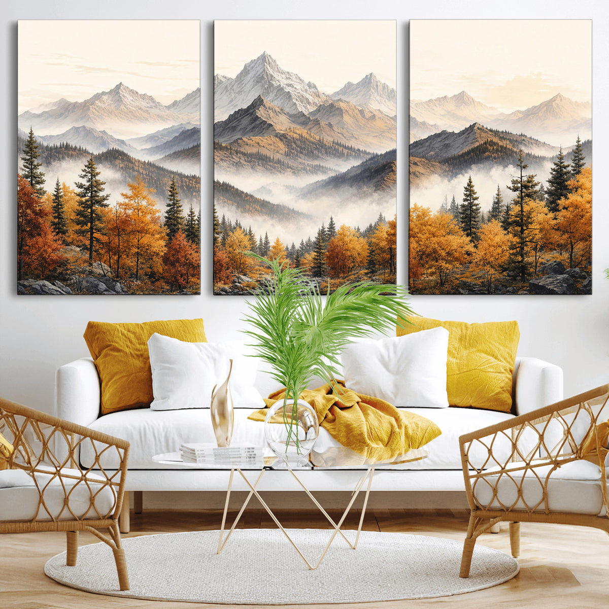 21309099-MGV-TP-30X20 - Extra Large Misty Mountain Autumn Forest Canvas Wall Art - Watercolor Fall Nature Landscape Print