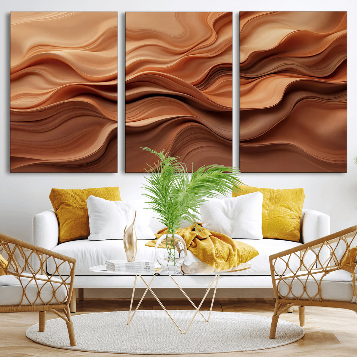 82230697-MGV-CV-36X24 - Modern Abstract Fluid Waves Canvas Wall Art - Minimalist Warm Terracotta Beige Sand Print