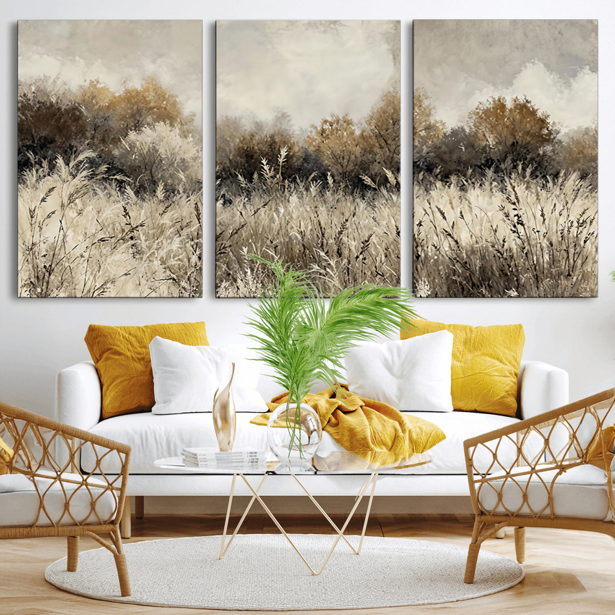 53959945-MGV-TP-30X20 - Muted Neutral Forest Landscape Canvas Wall Art - Vintage Rustic Wildflower Meadow Print