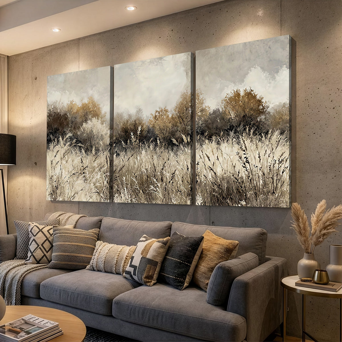 53959945-_Poster-30x20 - Muted Neutral Forest Landscape Canvas Wall Art - Vintage Rustic Wildflower Meadow Print