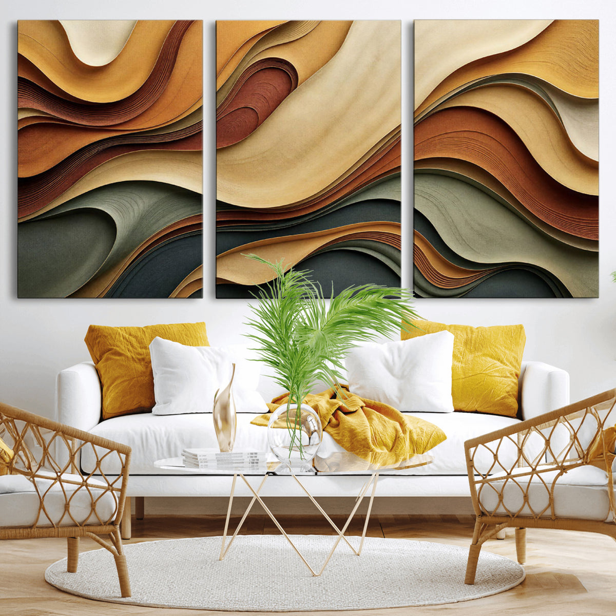 19337902-MGV-CV-36X24 - Modern Abstract Waves Canvas Wall Art - Minimalist Earthy Tone Living Room Decor