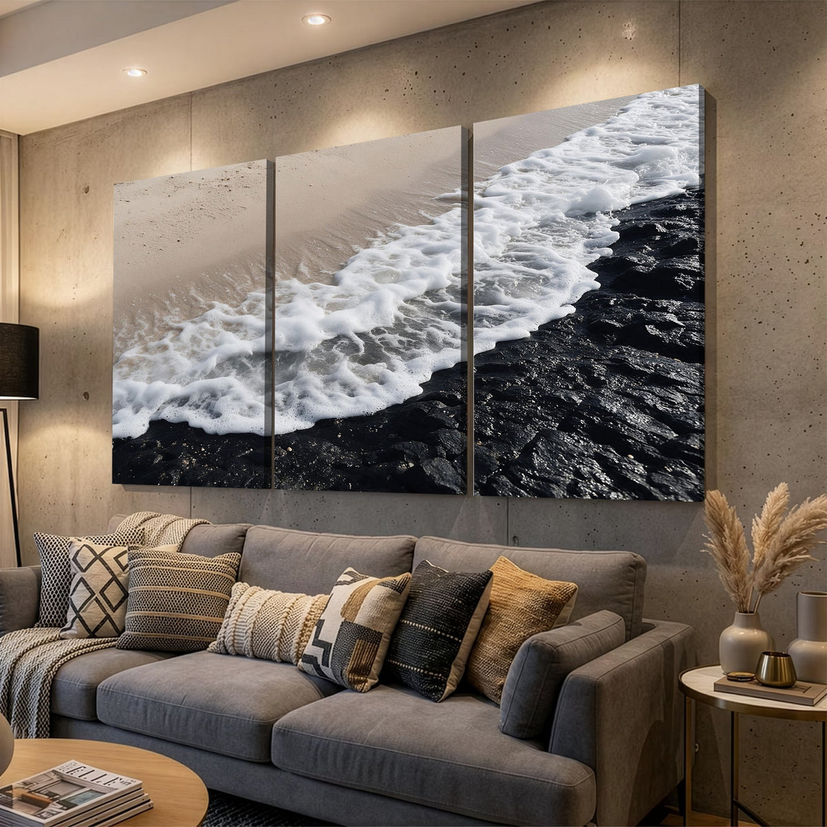 27448606-MGV-CV-24X16 - Ocean Wave Foam on Black Lava Rock Beach Canvas Wall Art Print