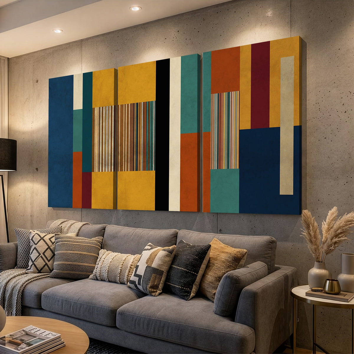 53992657-MGV-CV-48X32-3P - Mid Century Abstract Color Block Canvas Wall Art, Geometric Striped Canvas Print
