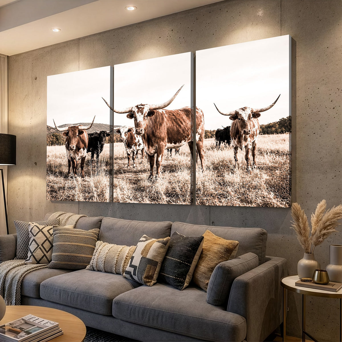 25234808-MGV-CV-48X32-3P - Texas Longhorn Cattle Canvas Wall Art, Western Ranch Home Decor